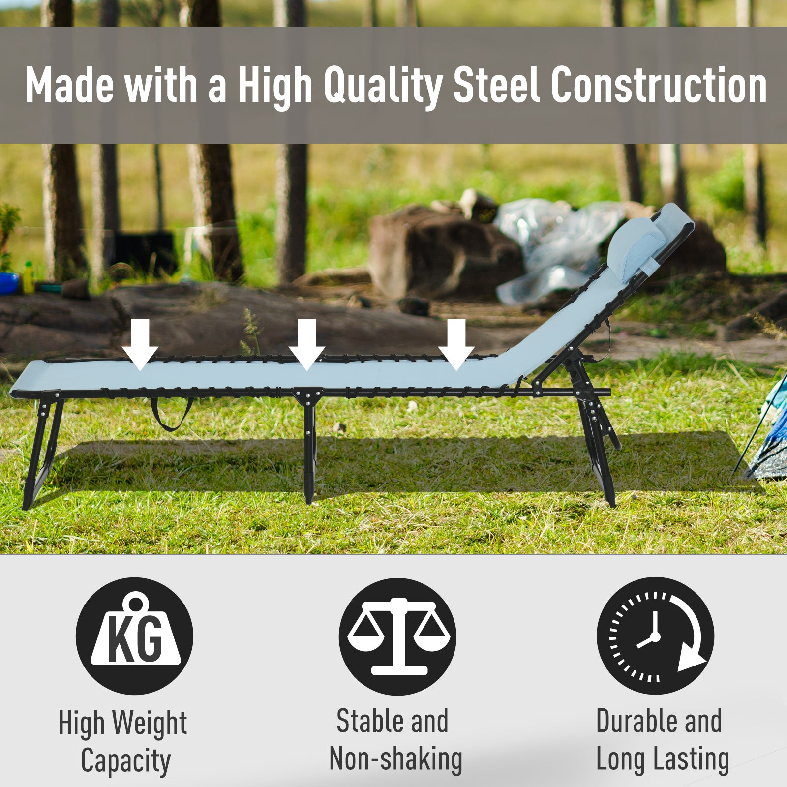 Light blue zero gravity lounge chair with steel frame and adjustable pillow perfect for outdoor relaxation