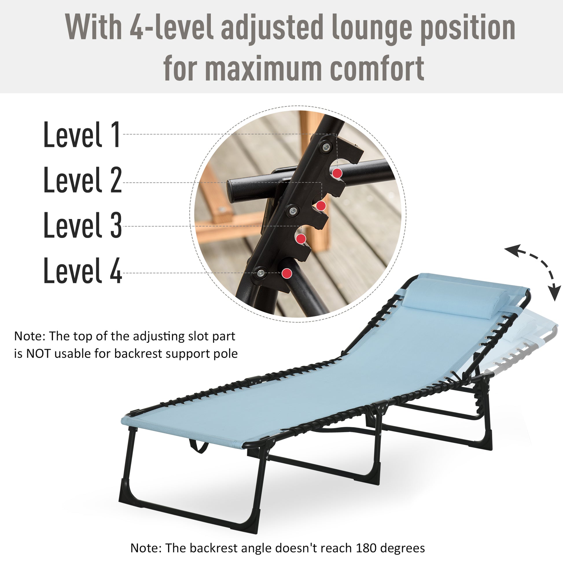 Light blue zero gravity chair with adjustable backrest and pillow for outdoor relaxation