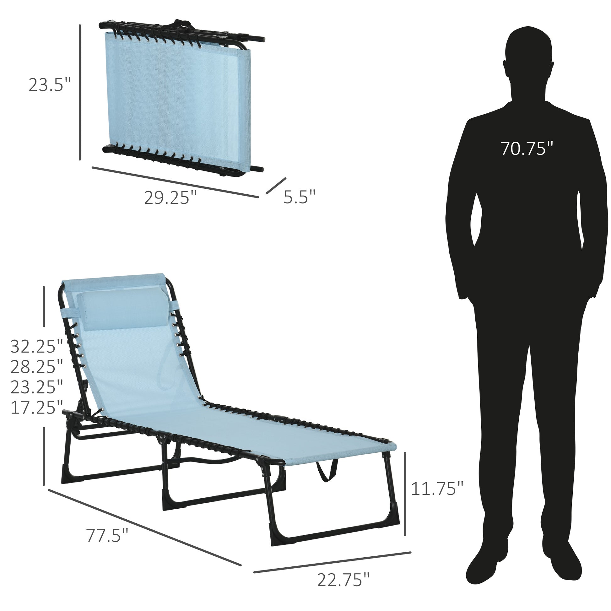 Light blue mesh chaise lounge with adjustable back shown with dimensions and a fullsize silhouette for scale