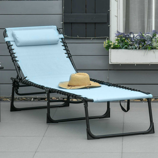Light blue fabric patio chaise lounge chair with removable headrest and straw hat