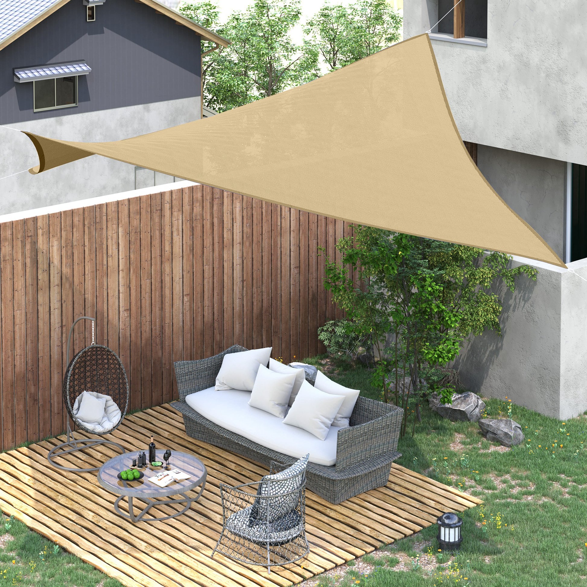 Beige triangle shade sail providing sun protection for outdoor patio seating