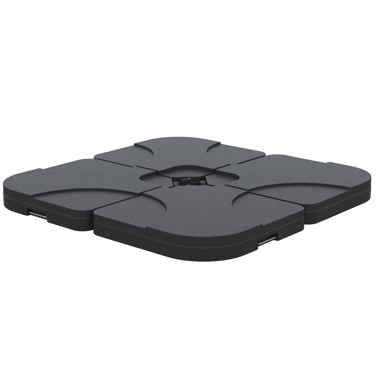 Fourpiece interlocking black plastic umbrella base designed for garden patio furniture stability