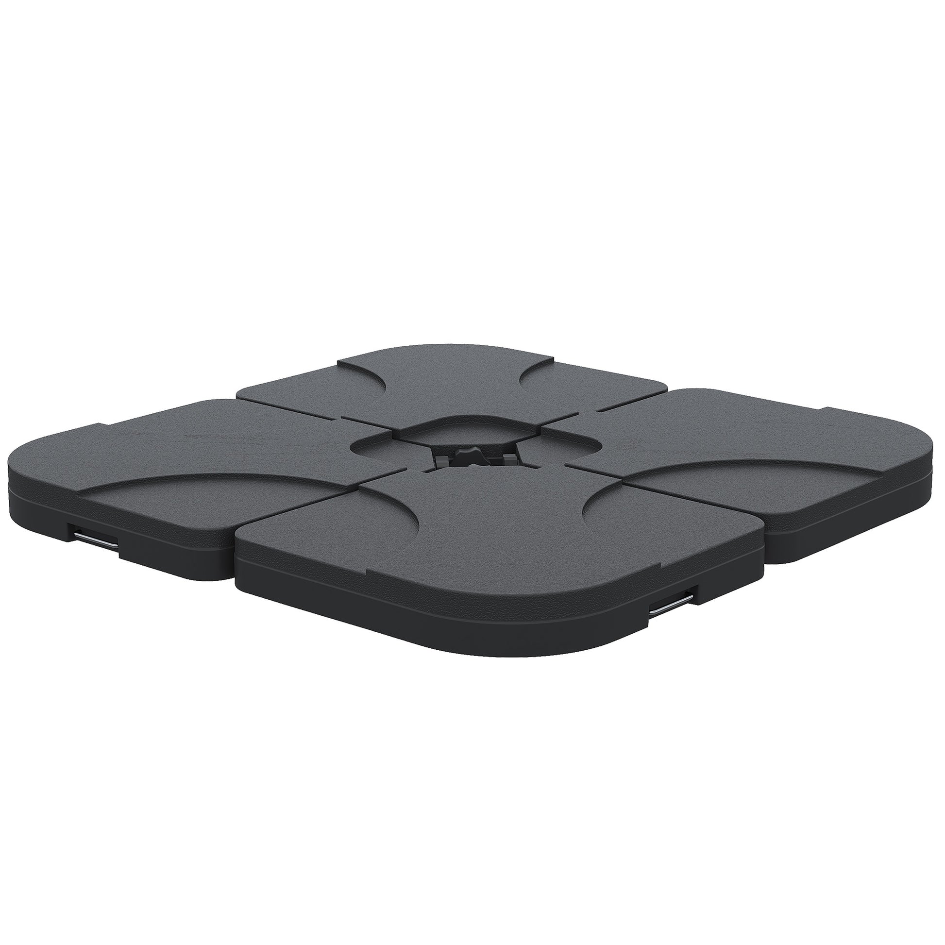 Fourpiece interlocking black plastic umbrella base designed for garden patio furniture stability