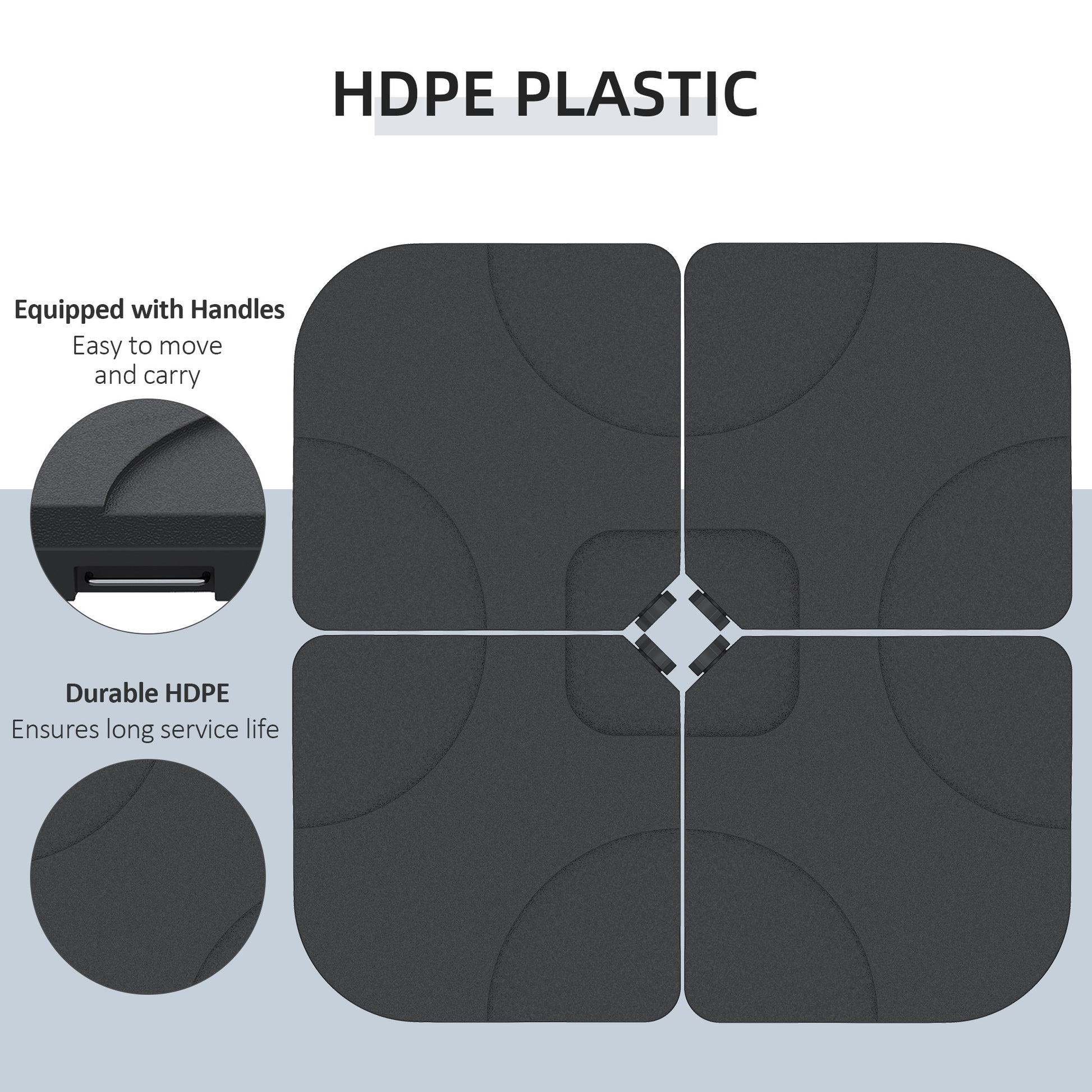 Four black HDPE plastic base weights arranged in a cross shape for umbrella stability