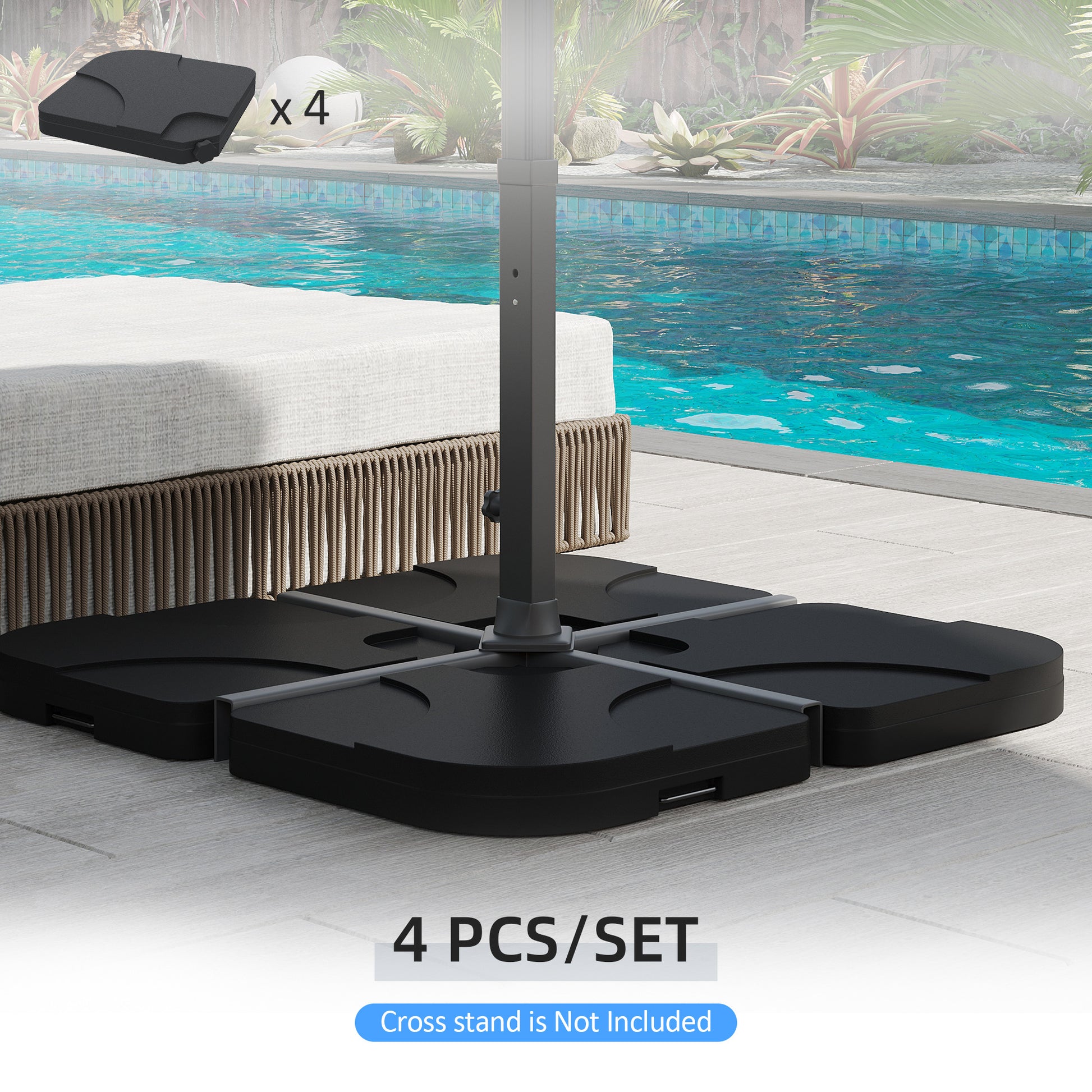 Black weighted parasol base plates for outdoor patio use sold as a piece set
