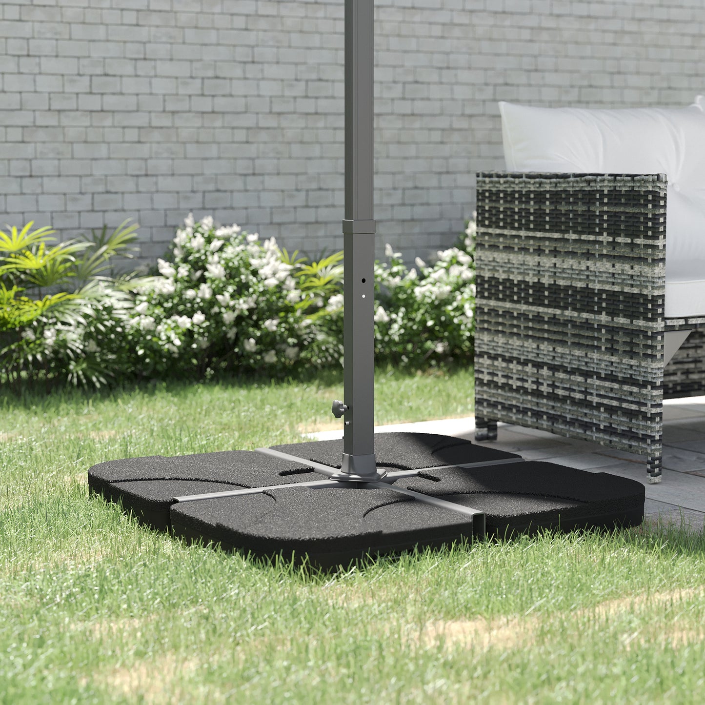 Black weighted outdoor umbrella base for patio stability and wind resistance