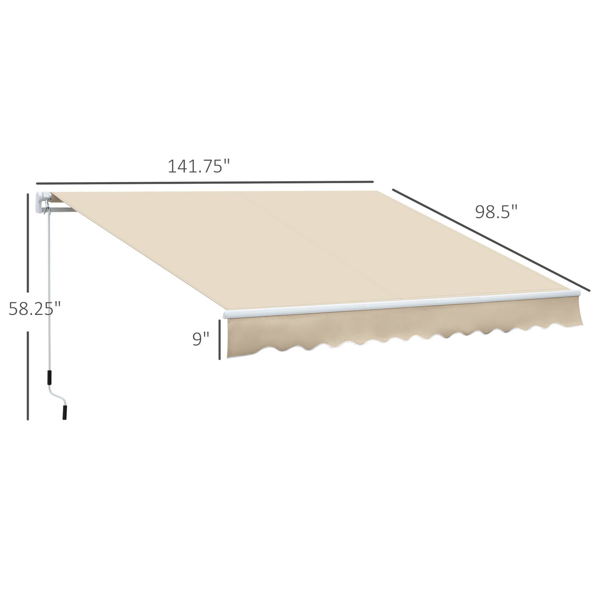 Beige manual retractable awning with scalloped valance and crank