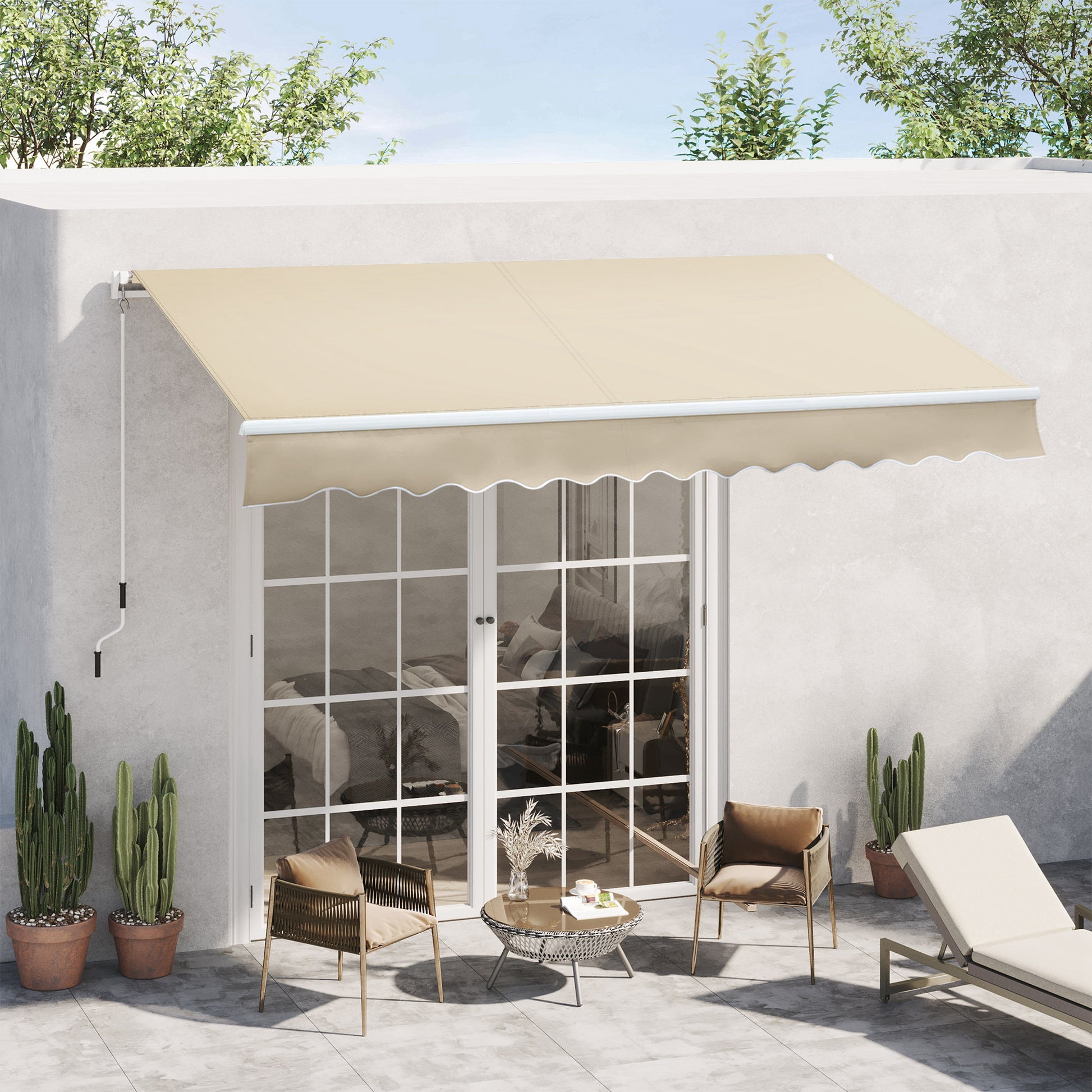 Beige retractable patio awning with scalloped edge mounted above French doors