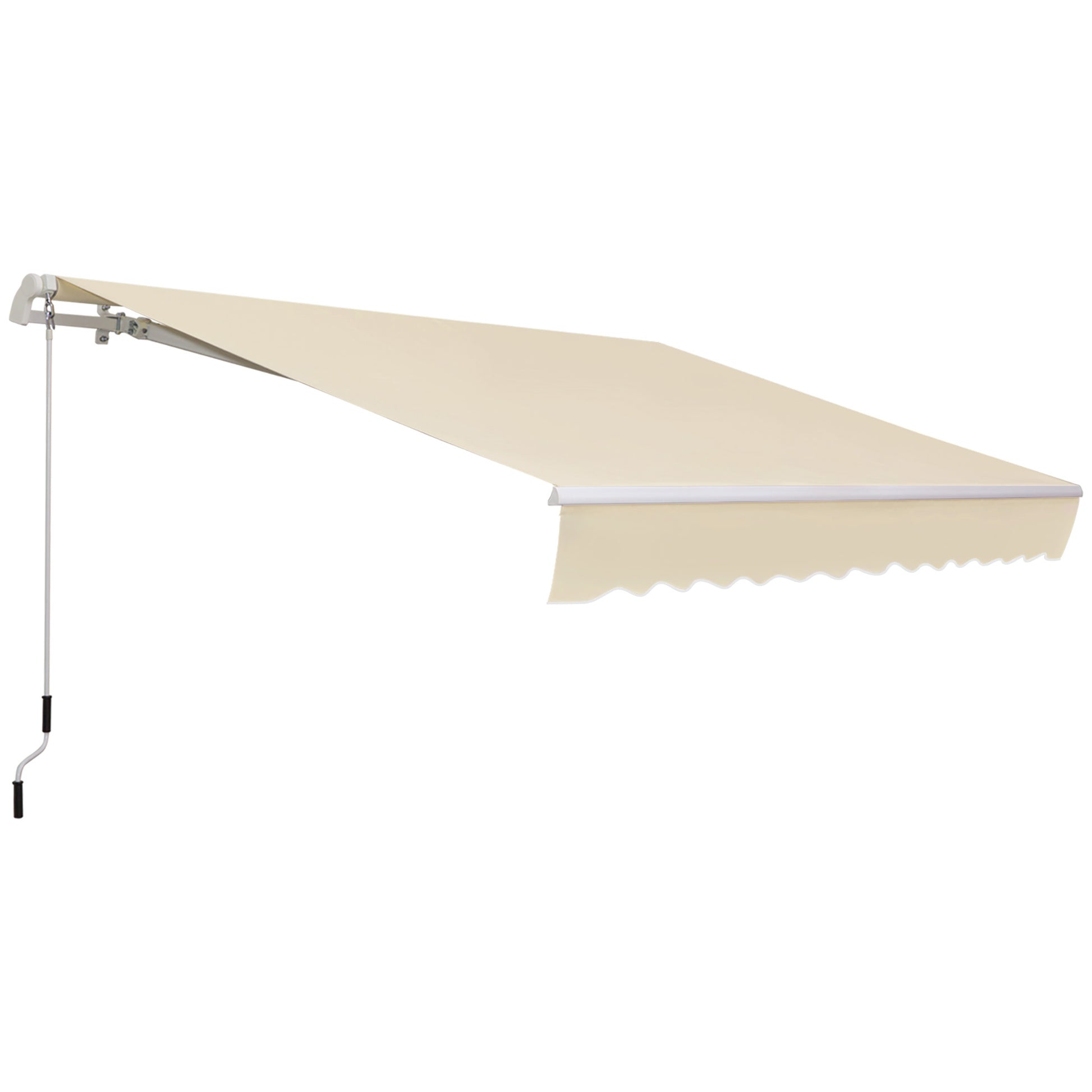Retractable awning in beige fabric with a scalloped valance and a manual crank operation