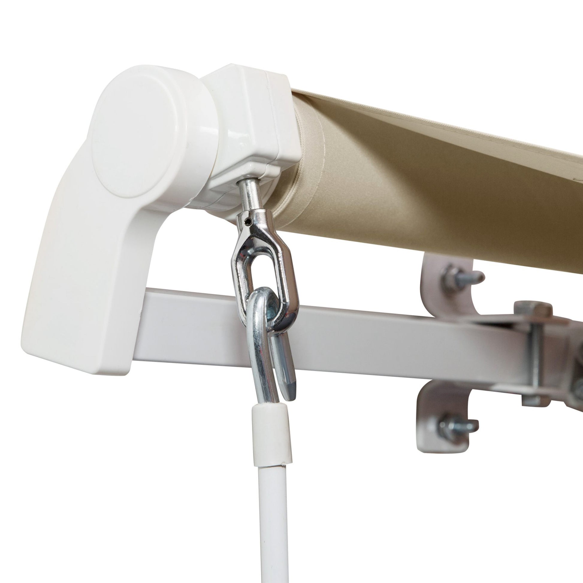 White retractable awning crank with beige fabric roll and silver metal hardware