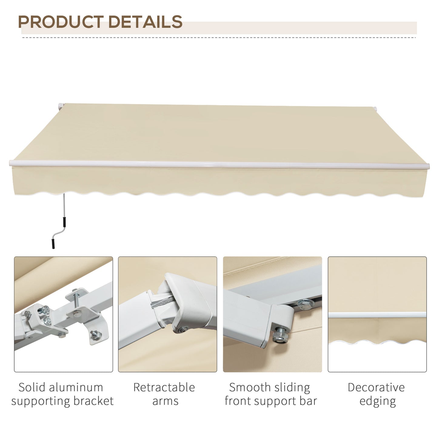 Cream retractable awning with white metal frame and crank