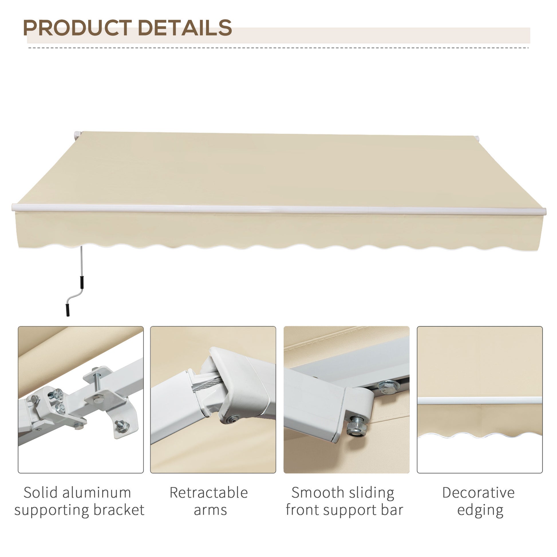 Cream retractable awning with white metal frame and crank