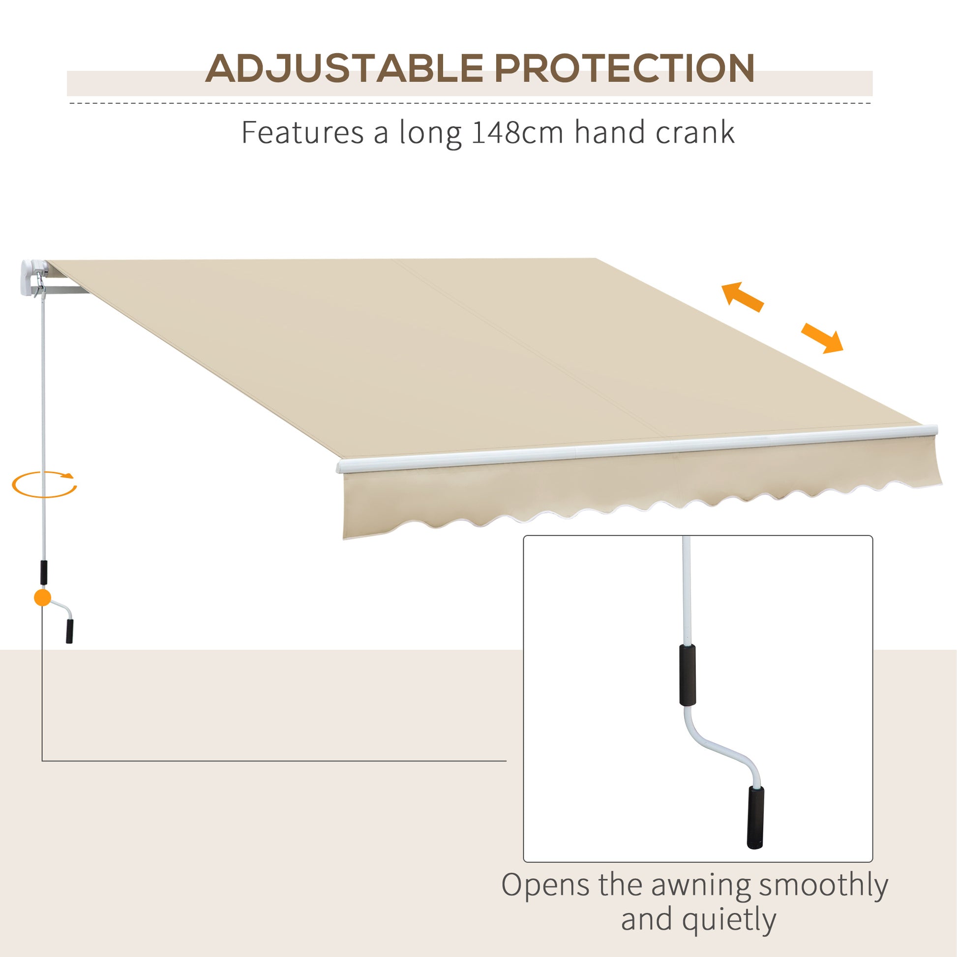 Beige retractable patio awning with white crank mechanism and scalloped edge