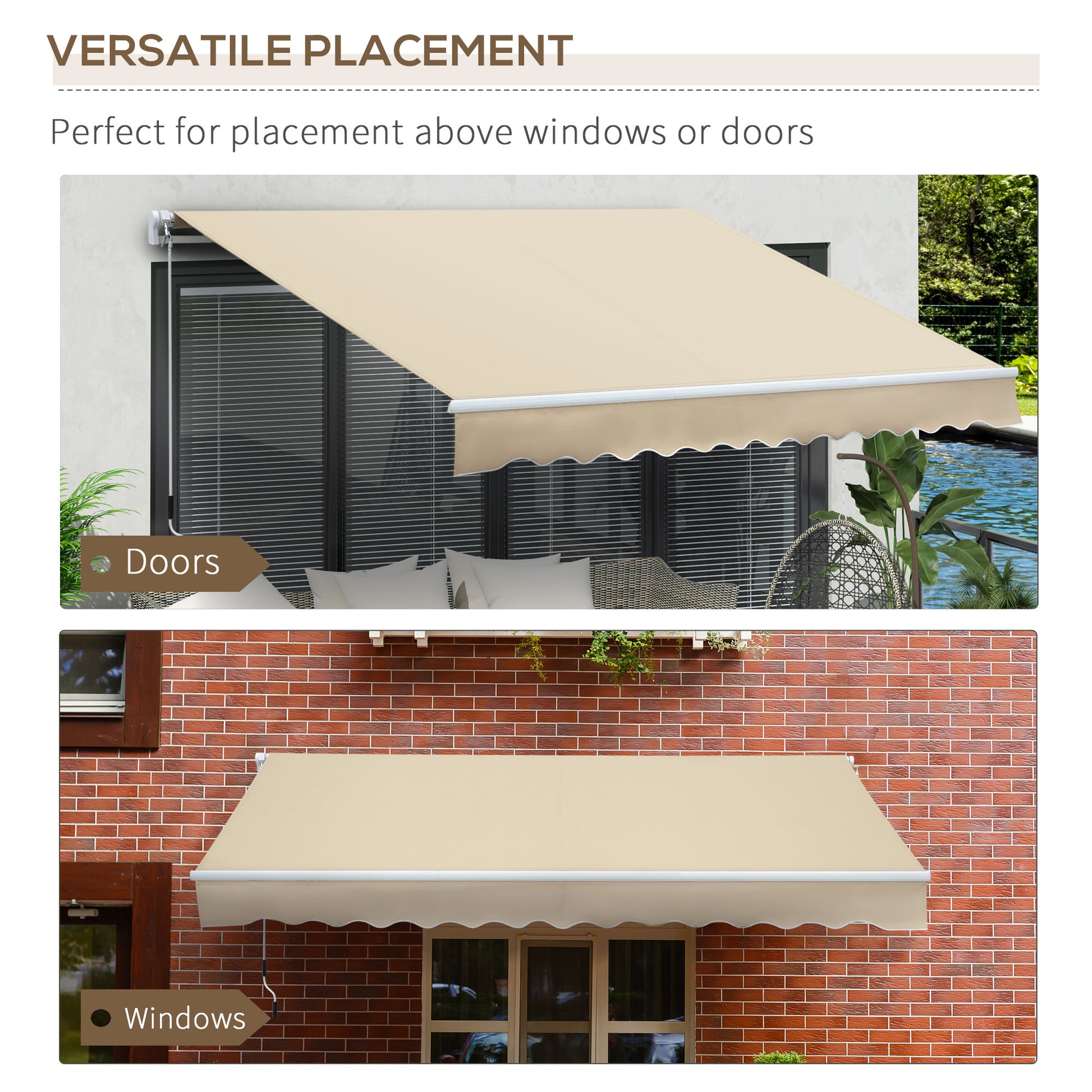 Beige retractable awning extended over a modern glass door with patio furniture