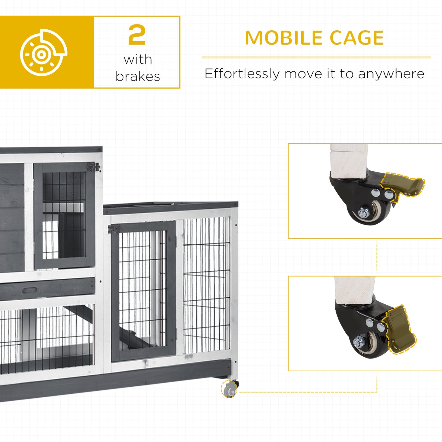 Large gray and white wood and wire pet cage with two wheels featuring brakes