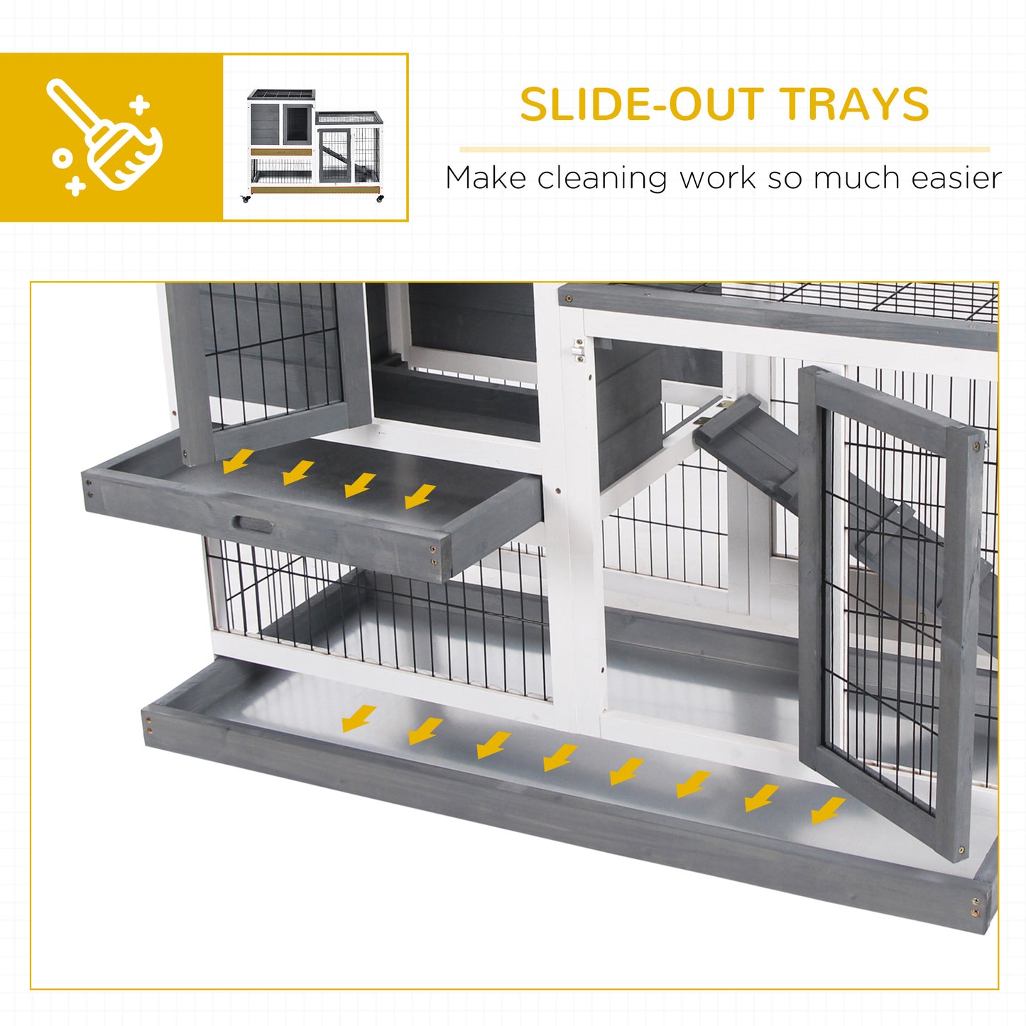 Gray wooden rabbit cage with multiple levels and slideout cleaning trays