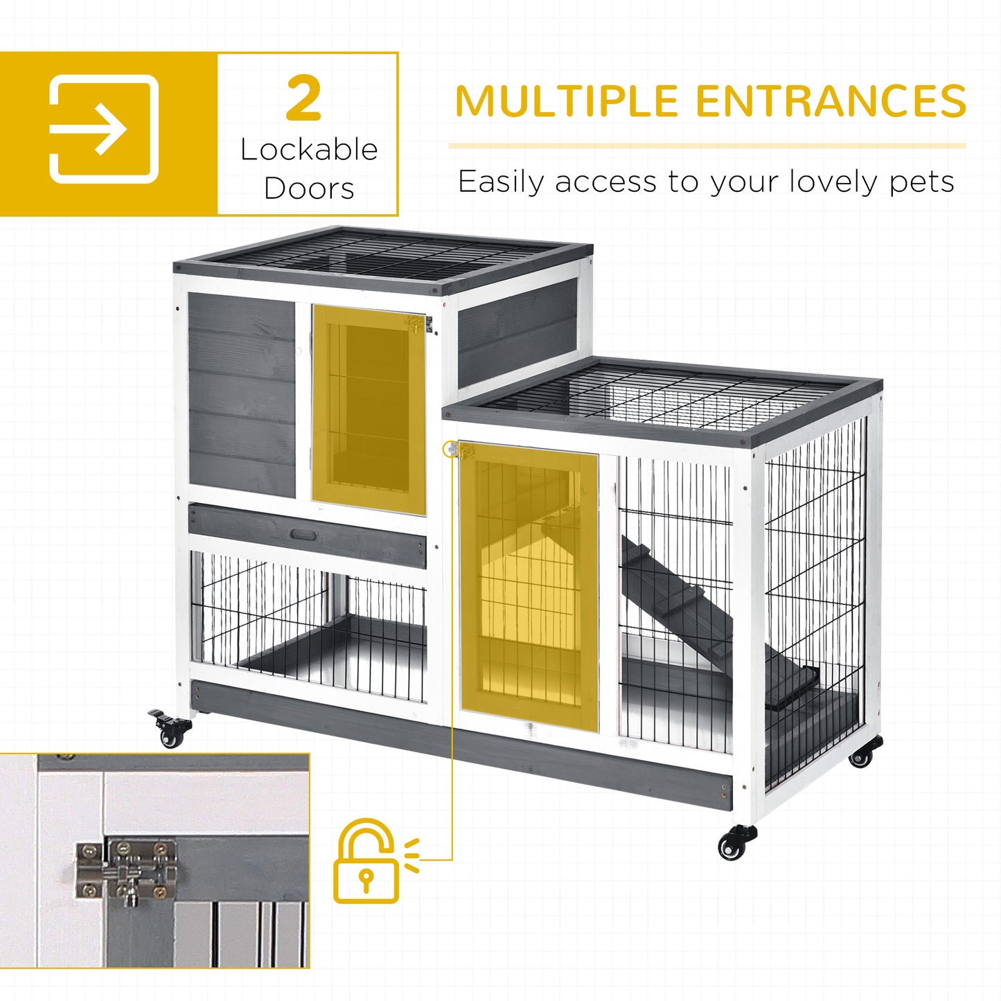 Gray and white wooden pet cage with two lockable doors and ramp