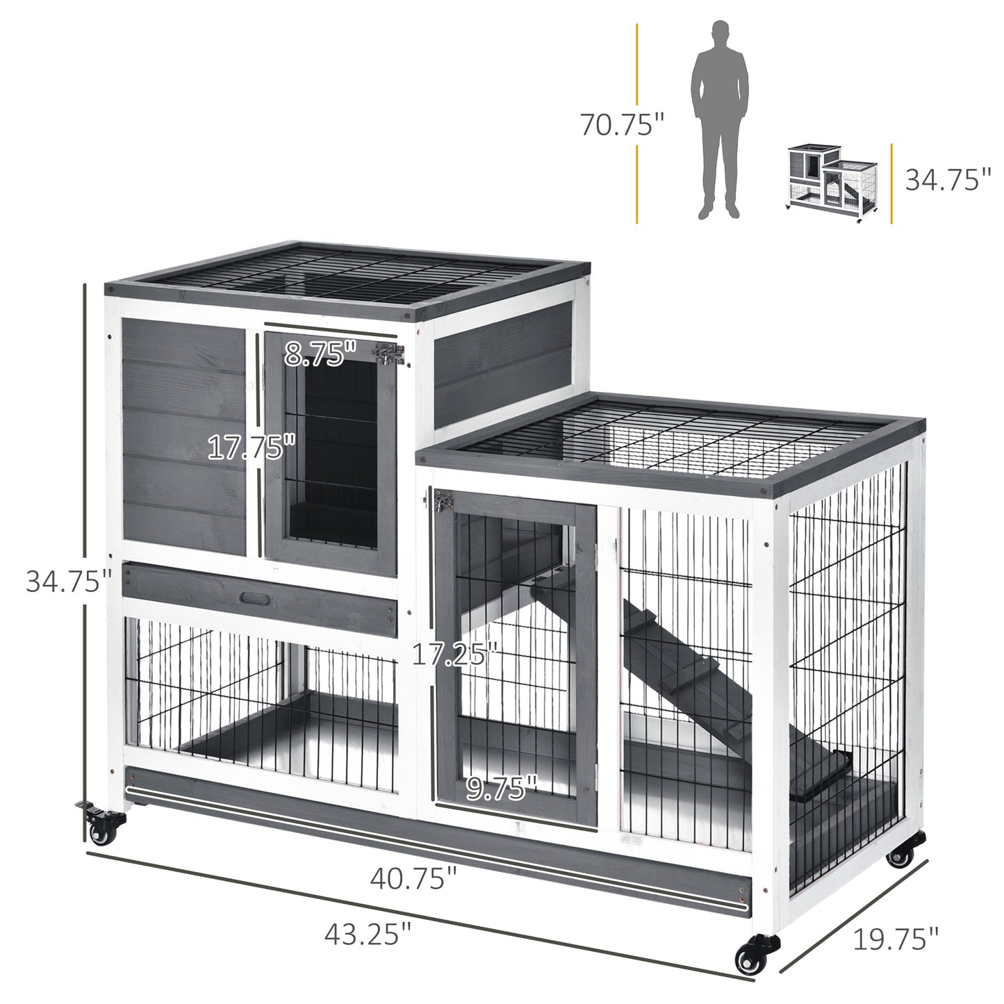 Twotiered gray and white wooden pet cage with ramp and casters