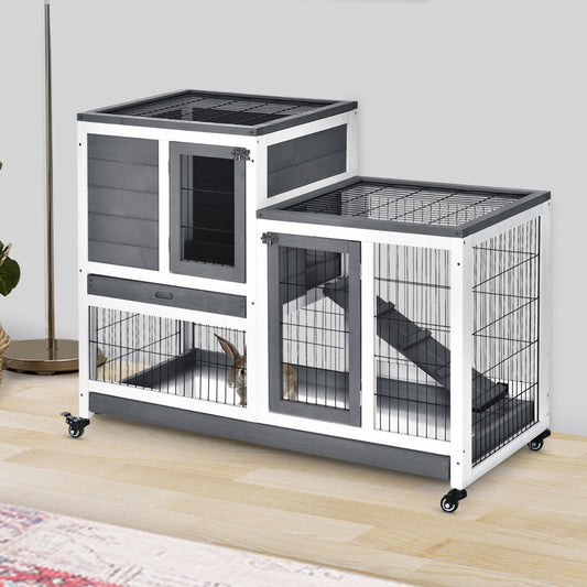 Twotier grey and white wooden rabbit hutch with ramp and wheels for small pets
