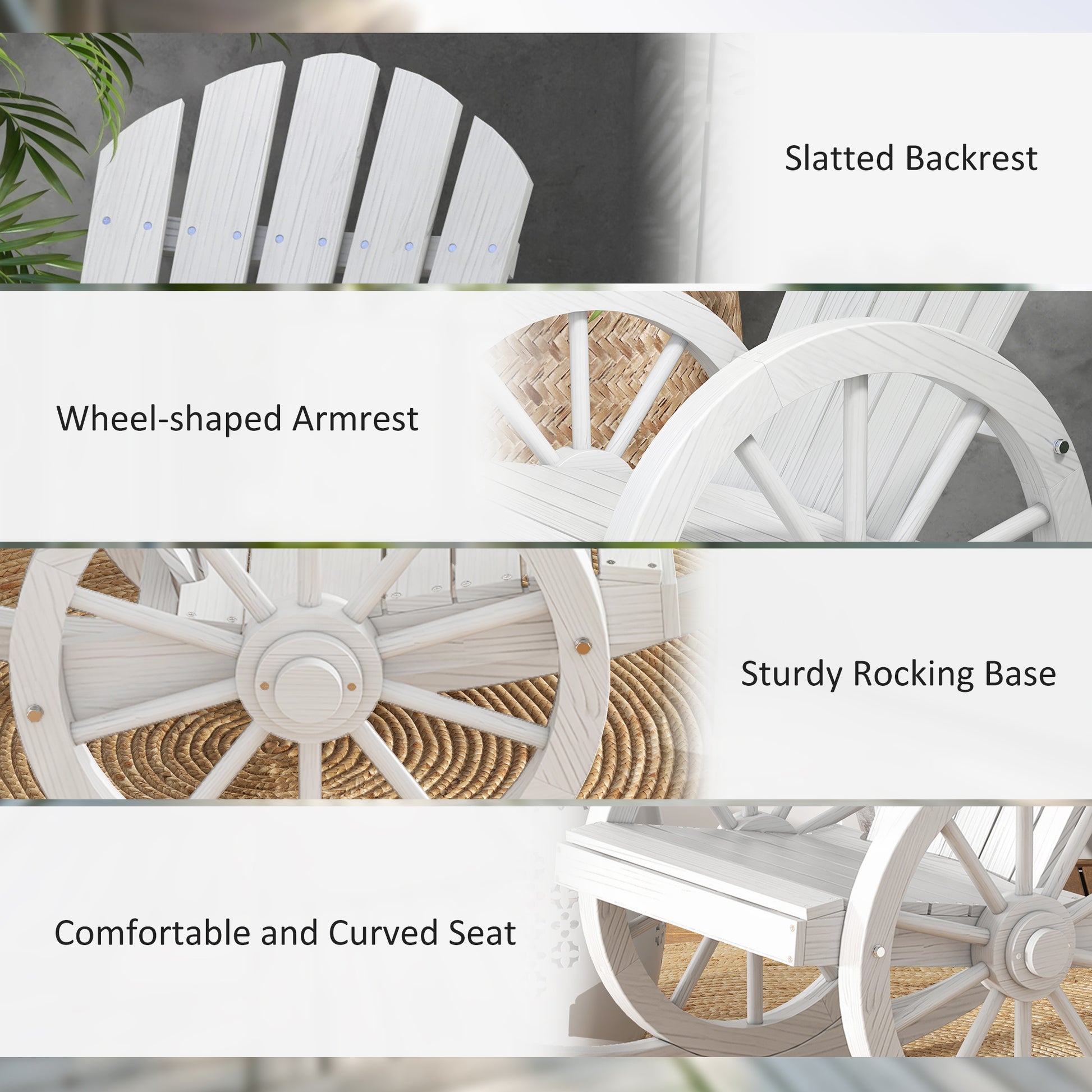 Closeup of a white wooden rocking chair with a slatted backrest perfect for outdoor relaxation