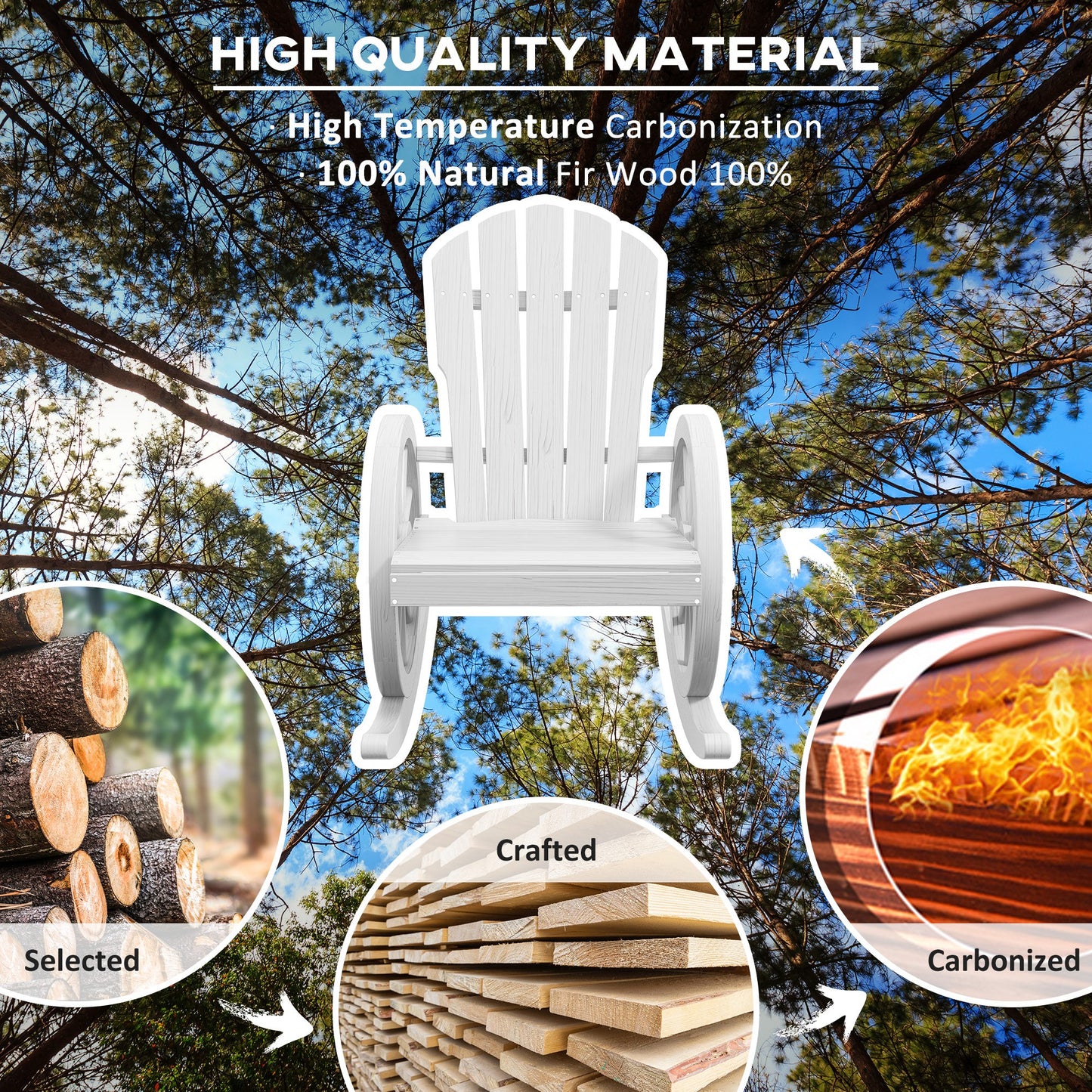 White wooden Adirondack rocking chair with high temperature carbonization and fir wood construction