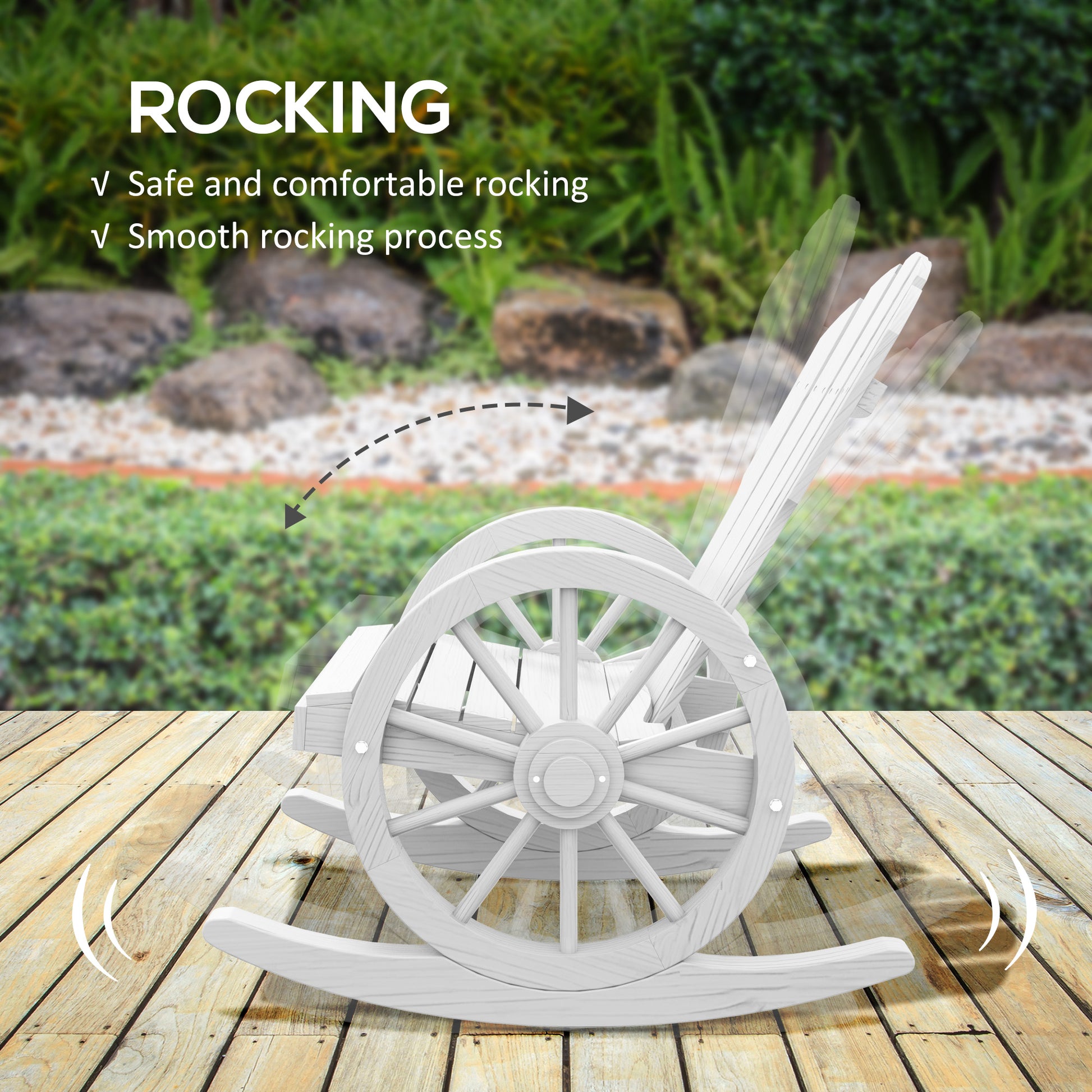 White wooden rocking chair with cart wheel accents designed for outdoor relaxation
