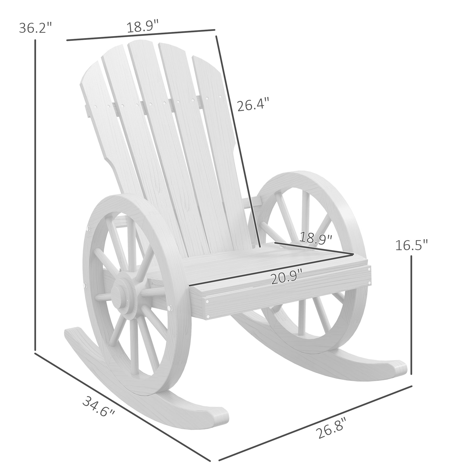 White wooden Adirondack rocking chair with wagon wheel accents