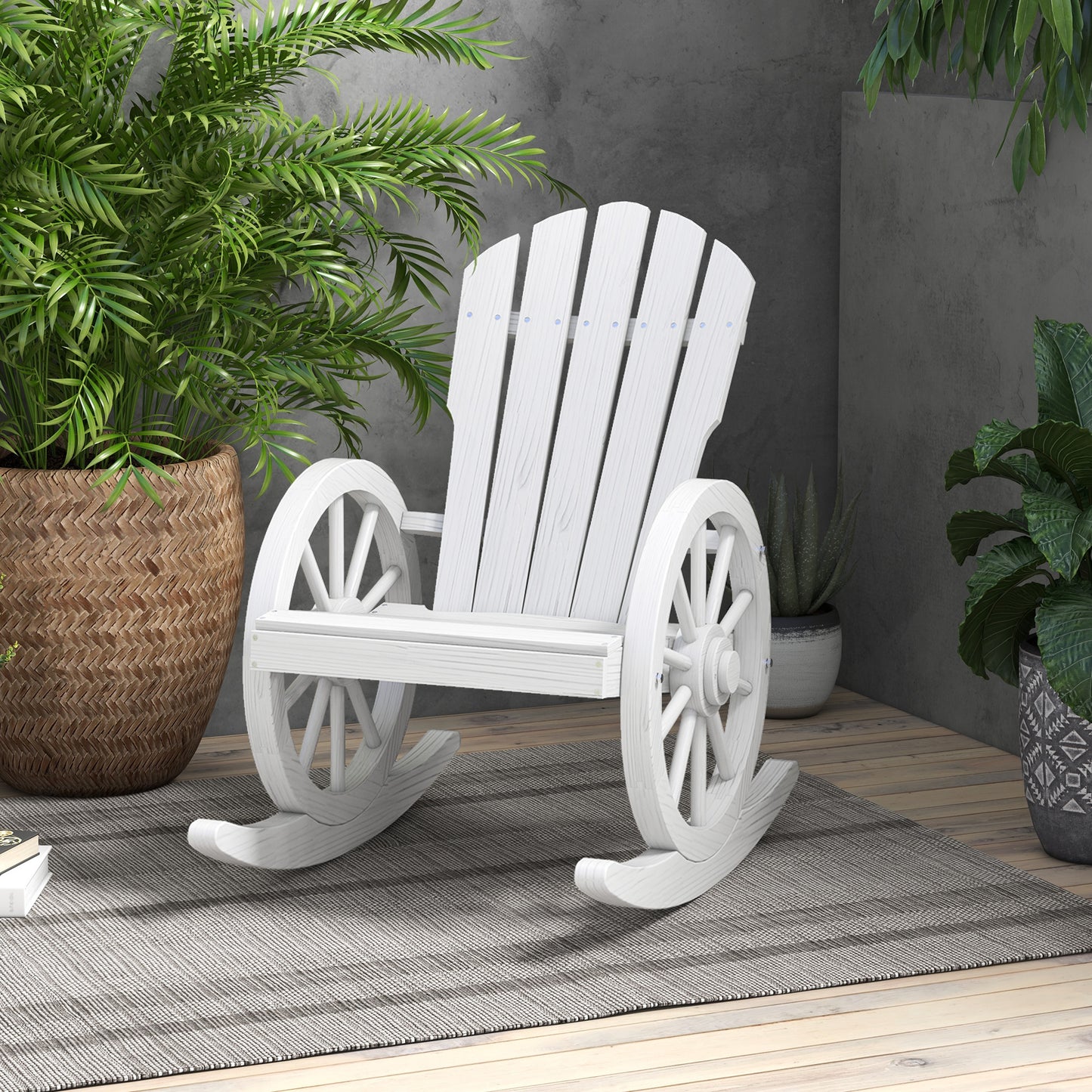 White wooden Adirondack rocking chair with wheel accents perfect for patio seating