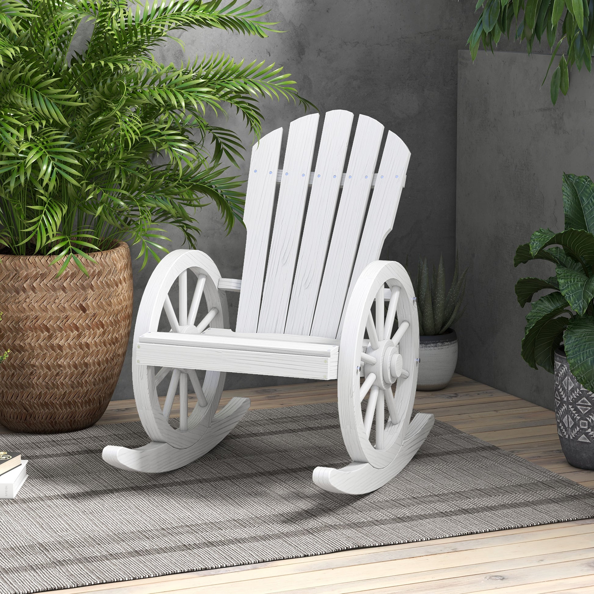 White wooden Adirondack rocking chair with wheel accents perfect for patio seating