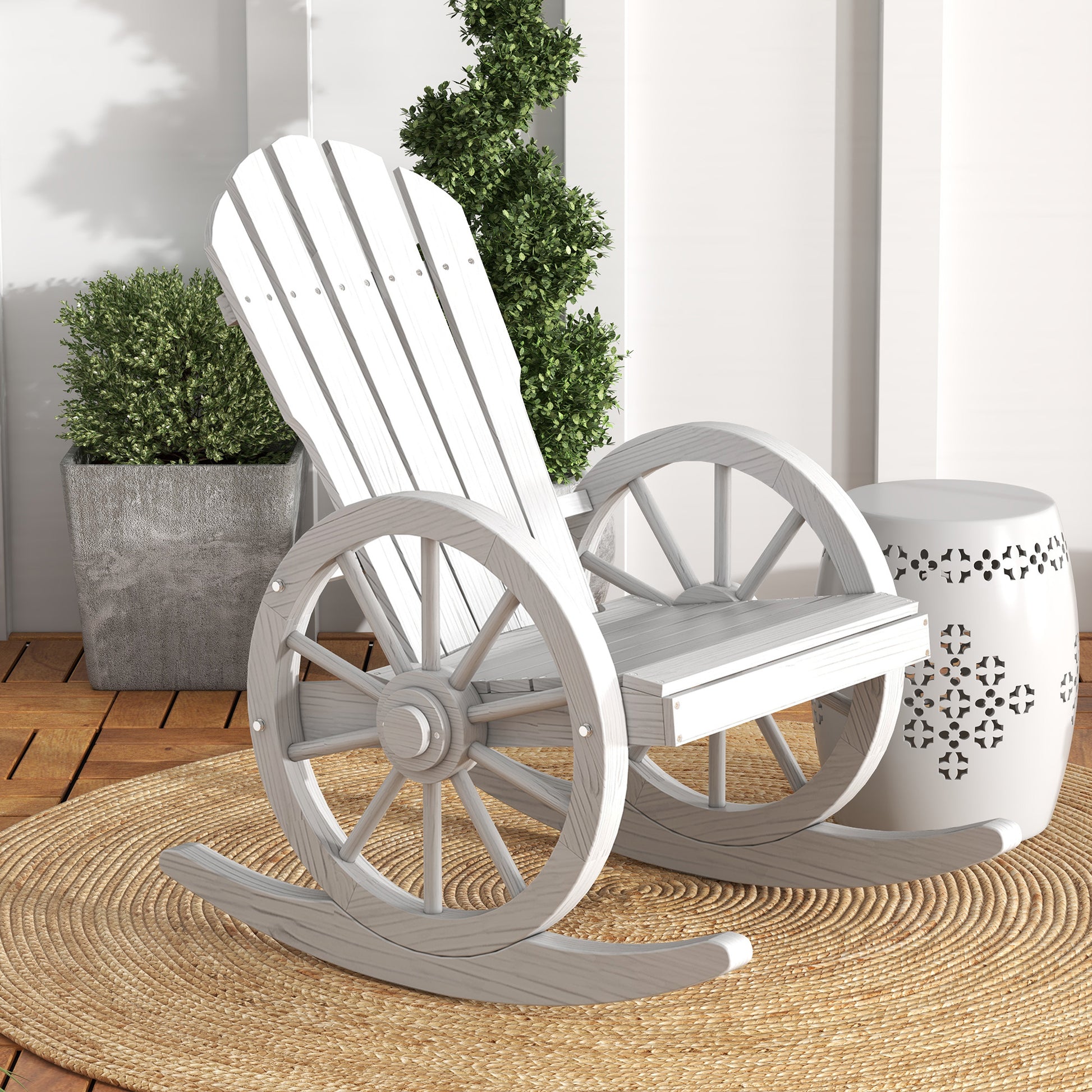 White wooden wagon wheel rocking chair for outdoor patios and gardens