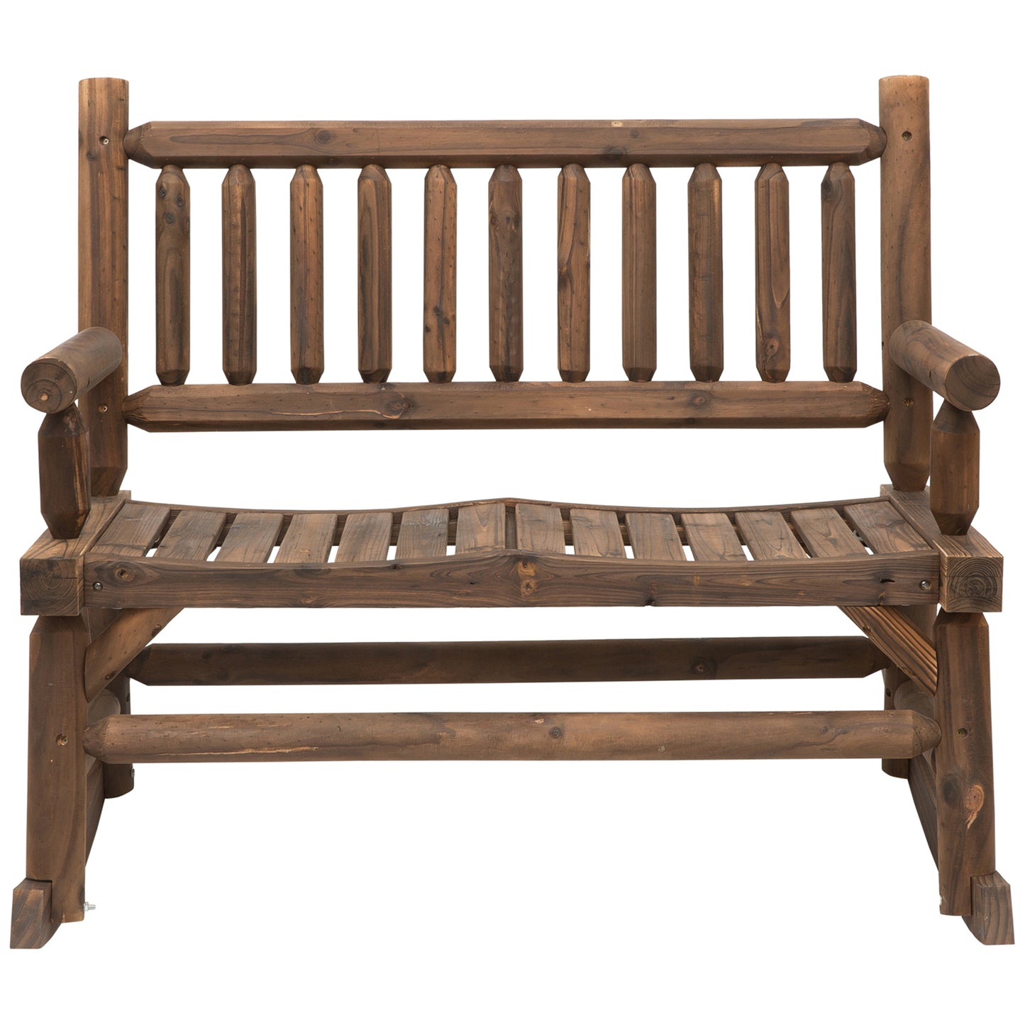 Rustic wooden park bench with a slatted seat and backrest perfect for outdoor seating