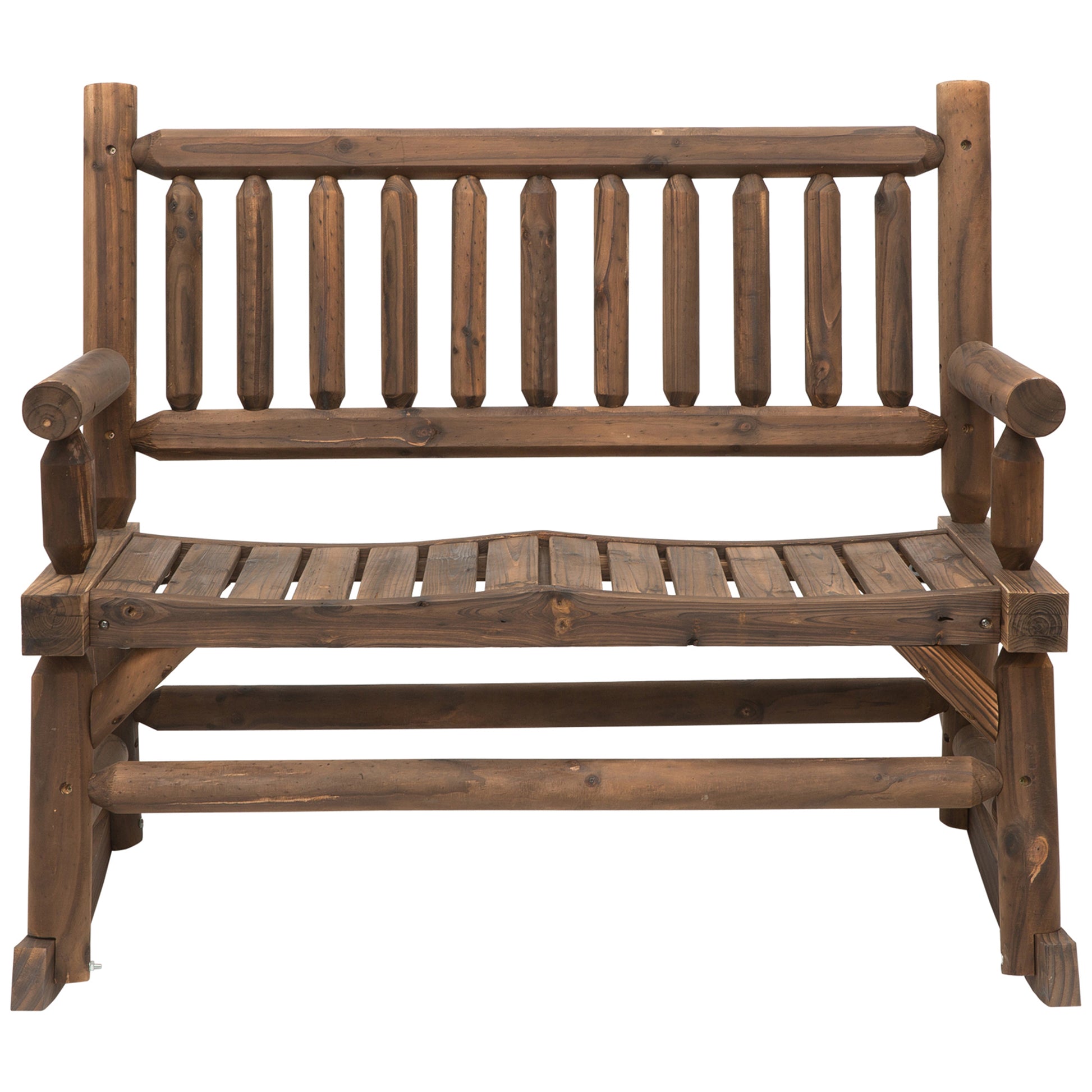 Rustic wooden park bench with a slatted seat and backrest perfect for outdoor seating