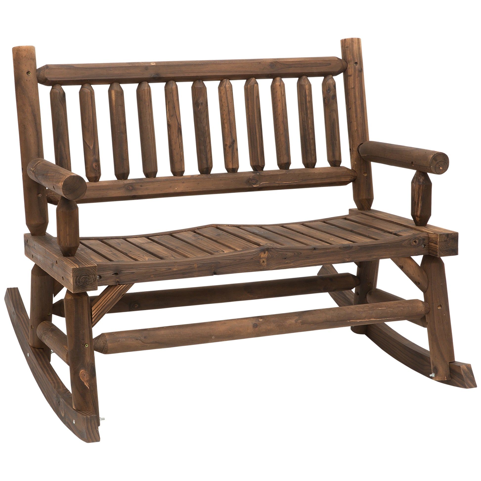 Rustic log wood rocking bench with slatted seat and back