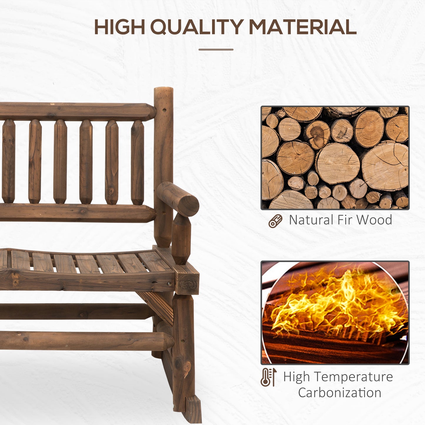 Rustic dark brown wooden outdoor bench crafted from natural fir wood