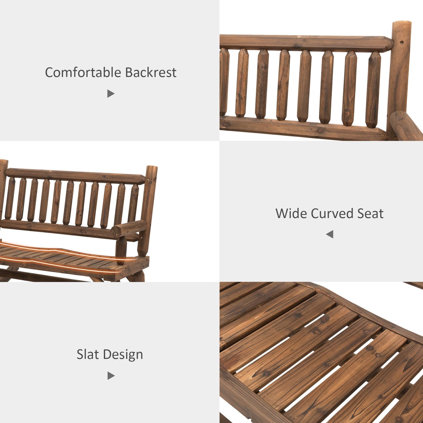 Rustic wooden porch swing with comfortable slatted backrest