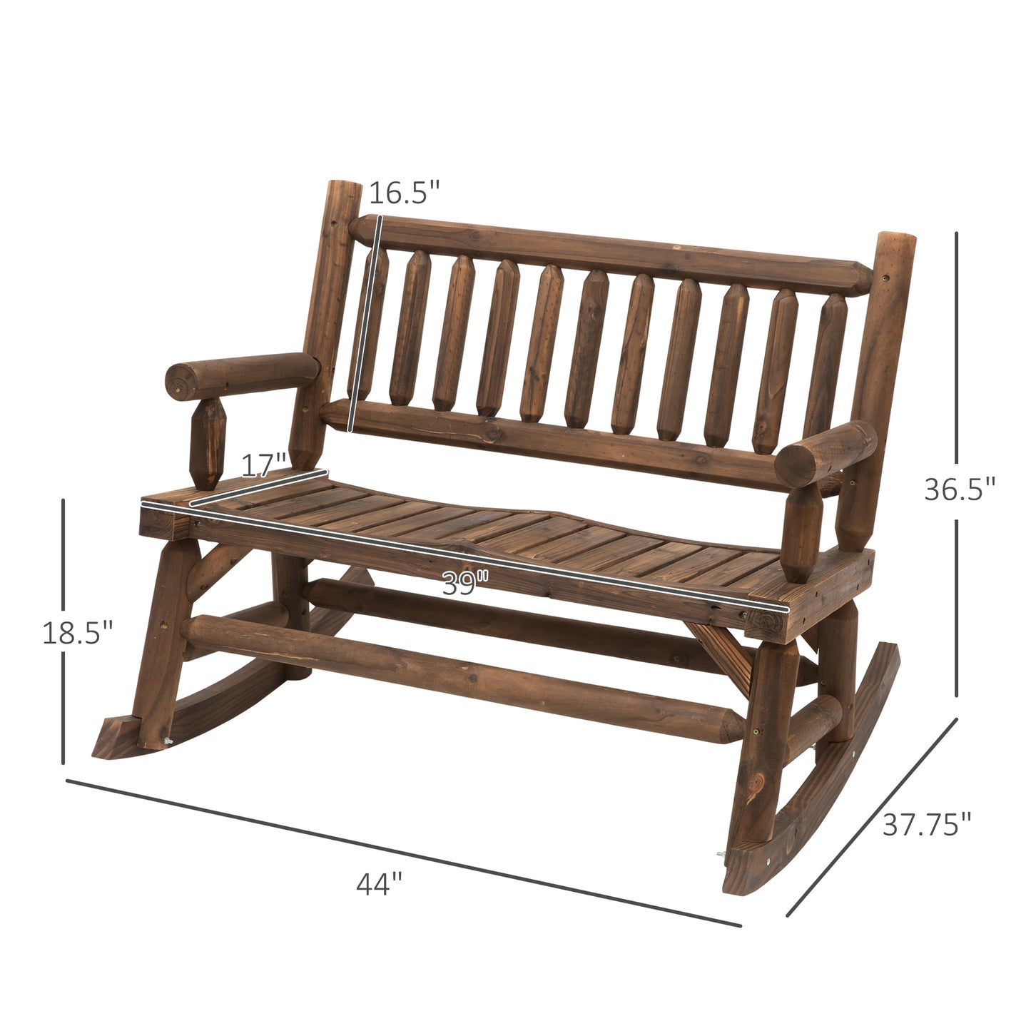 Rustic wood double rocking chair with slatted seat and spindle backrest