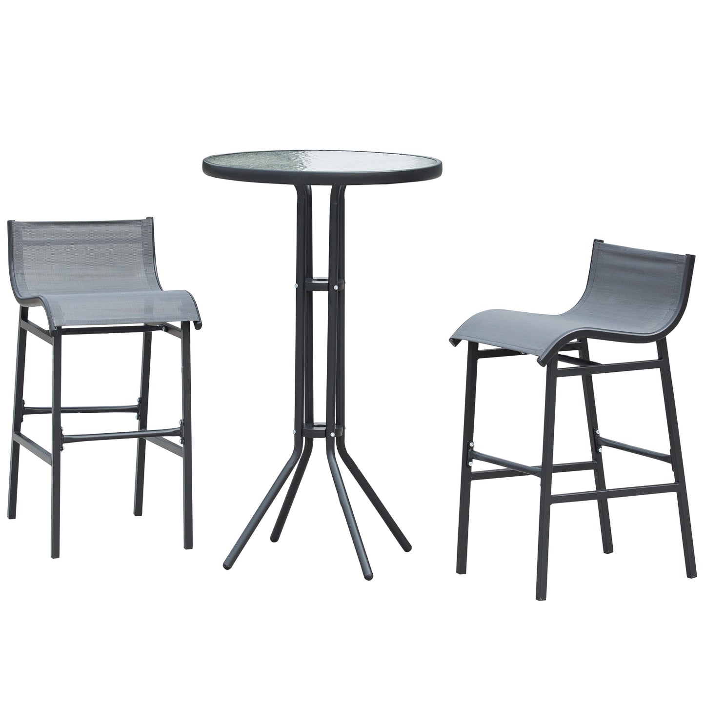 Black metal and mesh bar stool with curved seat for outdoor use