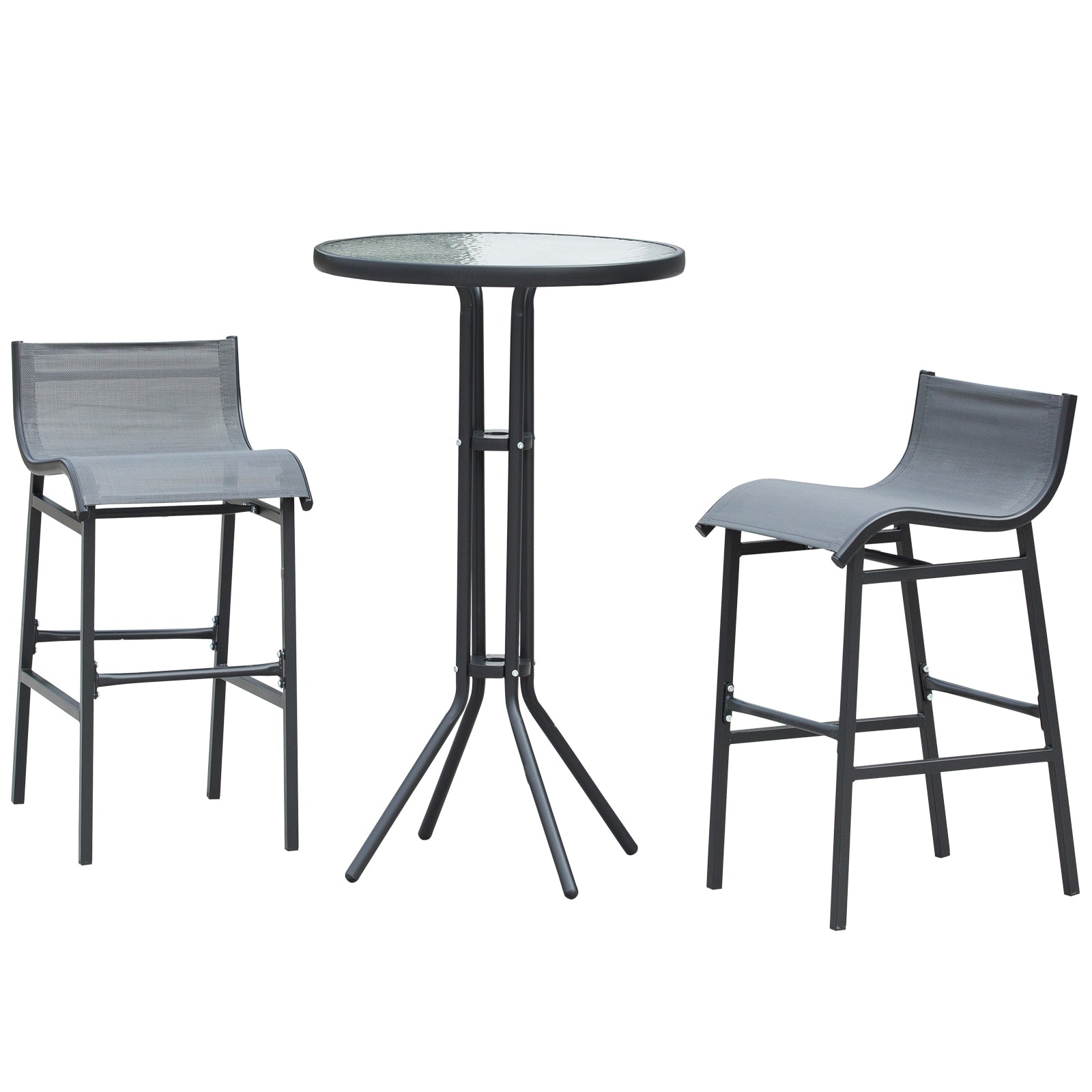 Black metal and mesh bar stool with curved seat for outdoor use