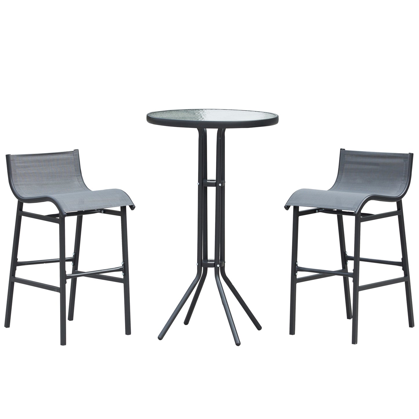 Round glass top patio bistro set with two grey mesh bar stools
