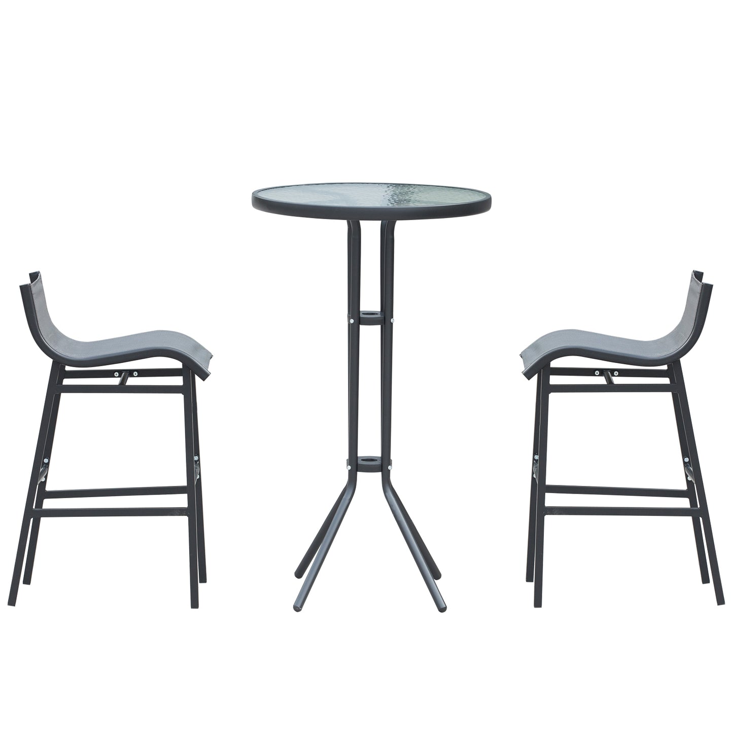 Round glasstop bar table with black metal frame and two matching bar stools