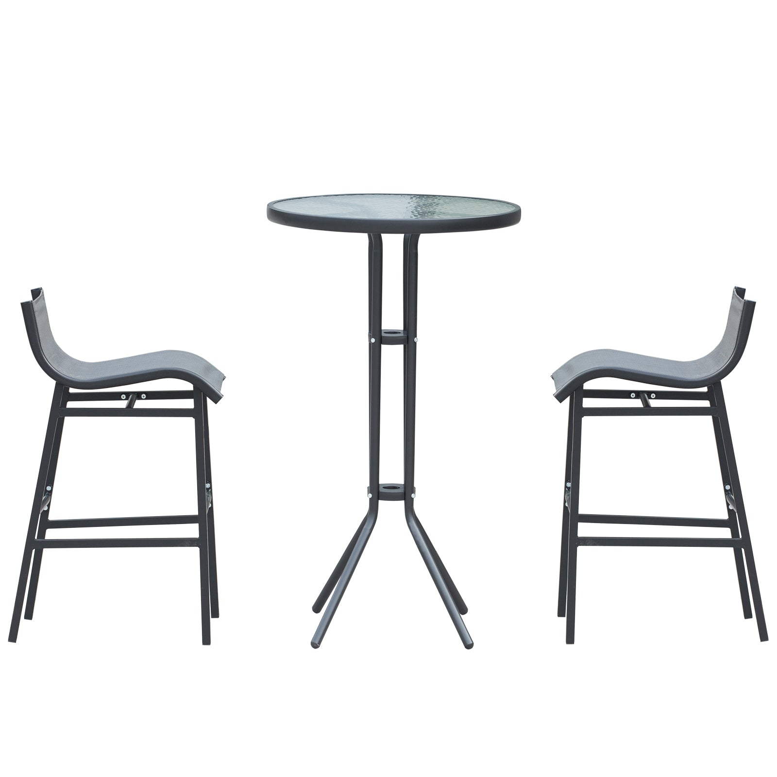 Round glasstop bar table with black metal frame and two matching bar stools