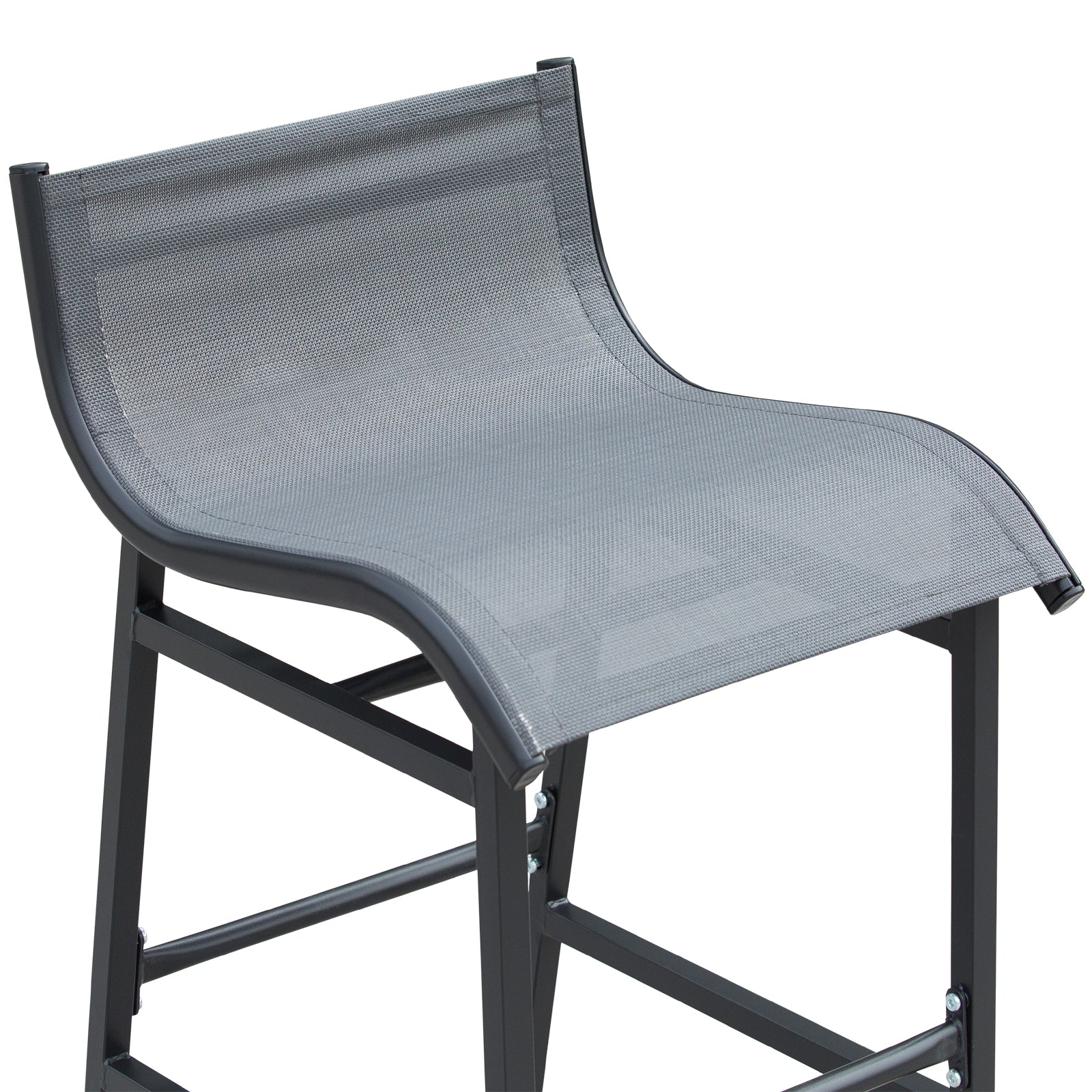 Gray mesh and black metal bar stool with curved seat for outdoor patio