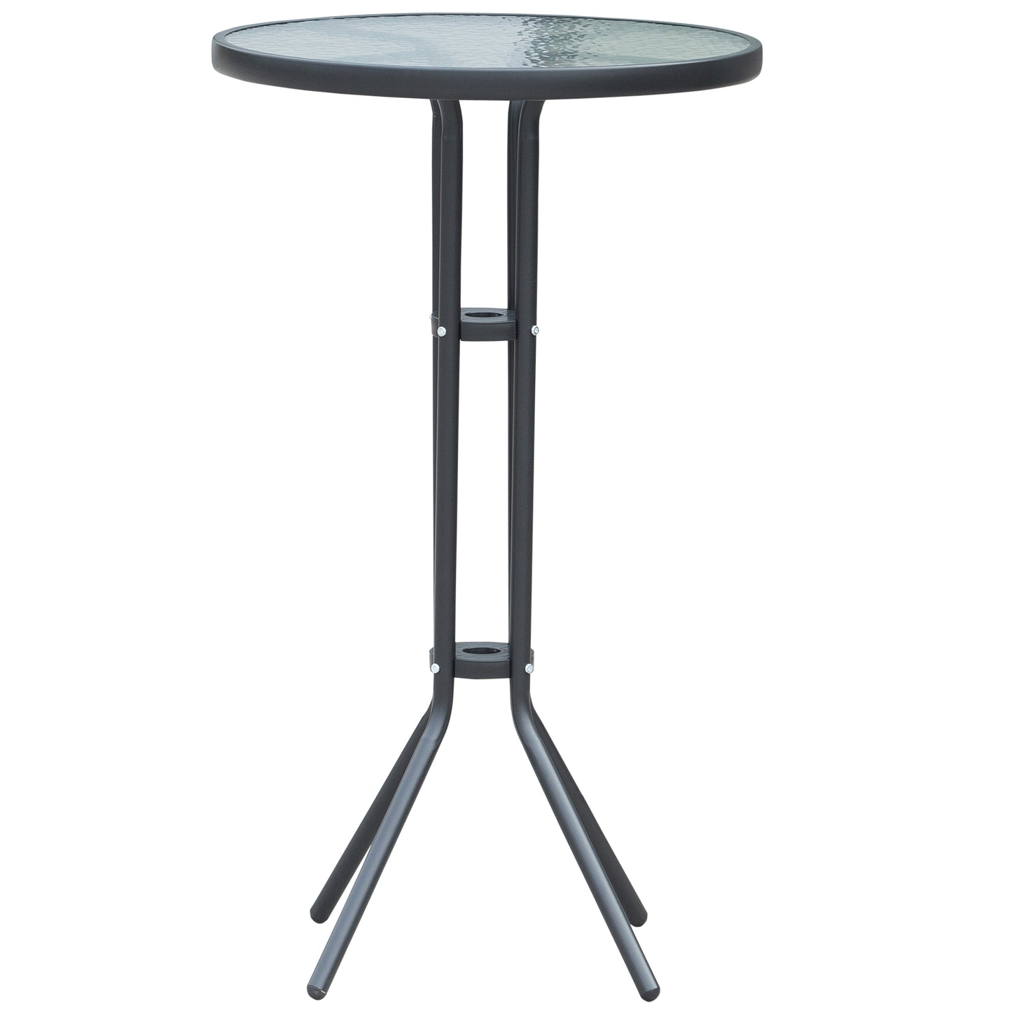 Round glass top bistro table with dark metal frame and tripod base for small spaces