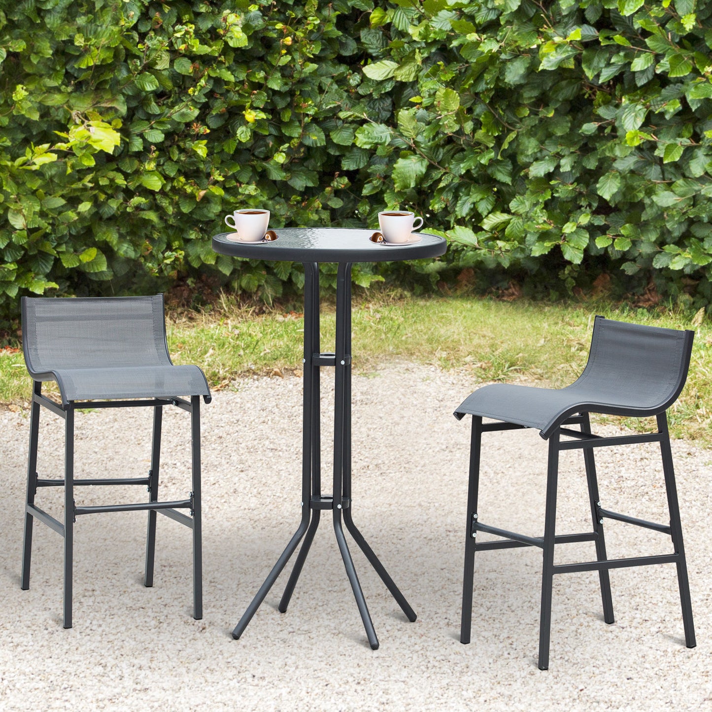 Modern gray outdoor bar stool with black metal frame comfortable for patio seating