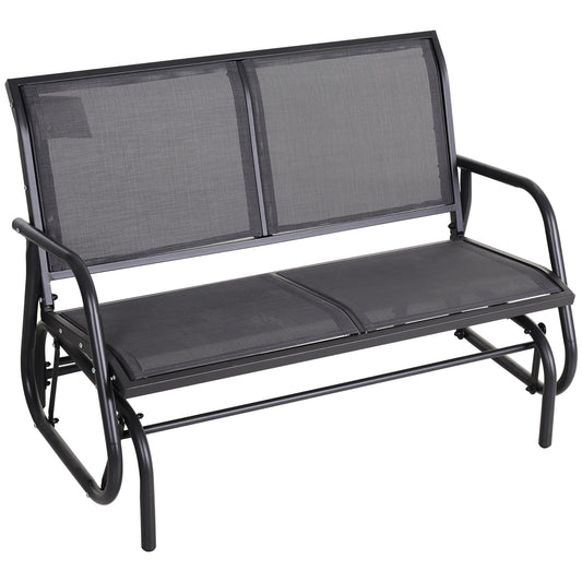 Black metal glider bench with mesh seating and back for outdoor relaxation