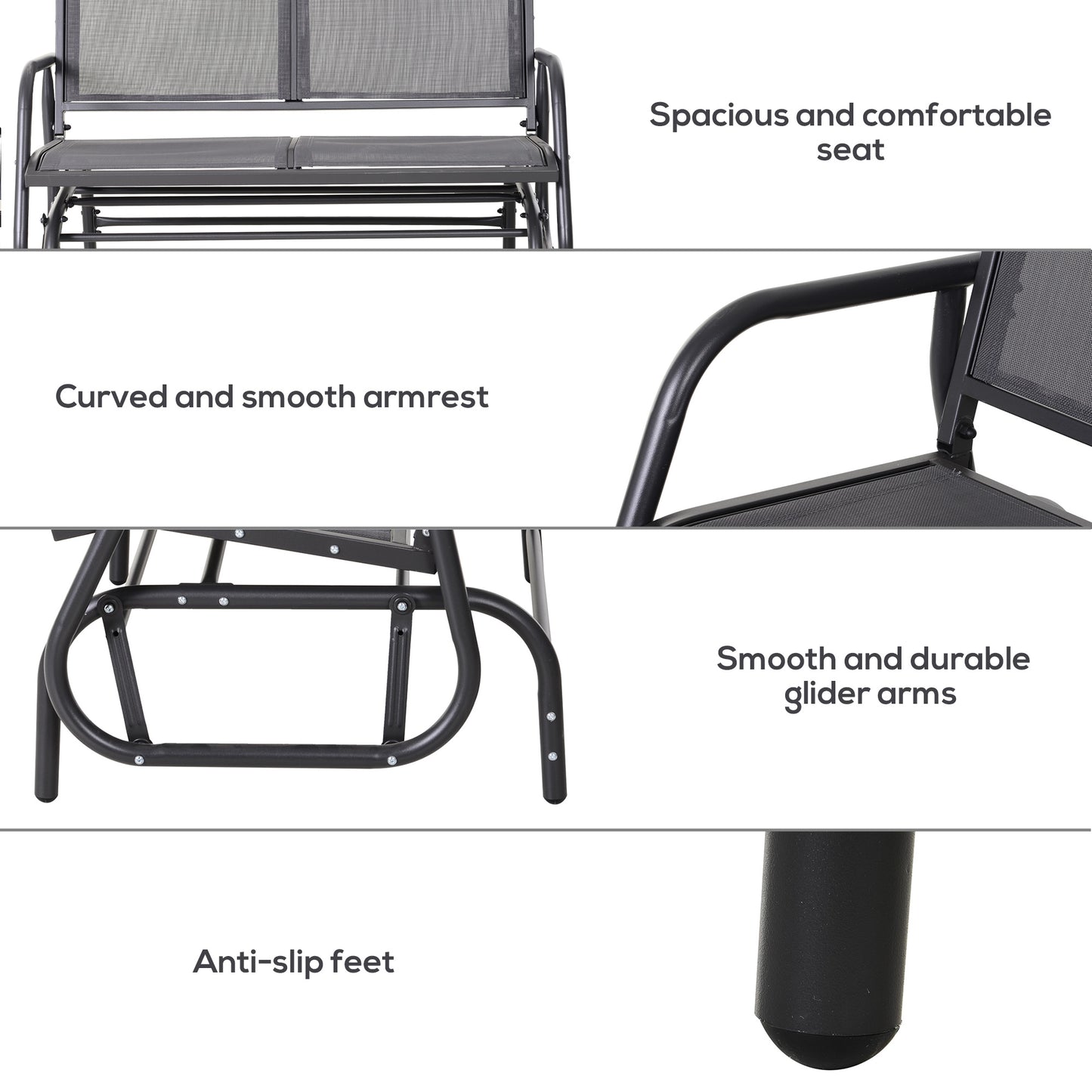Durable black metal patio glider with a spacious and comfortable mesh seat for outdoor relaxation