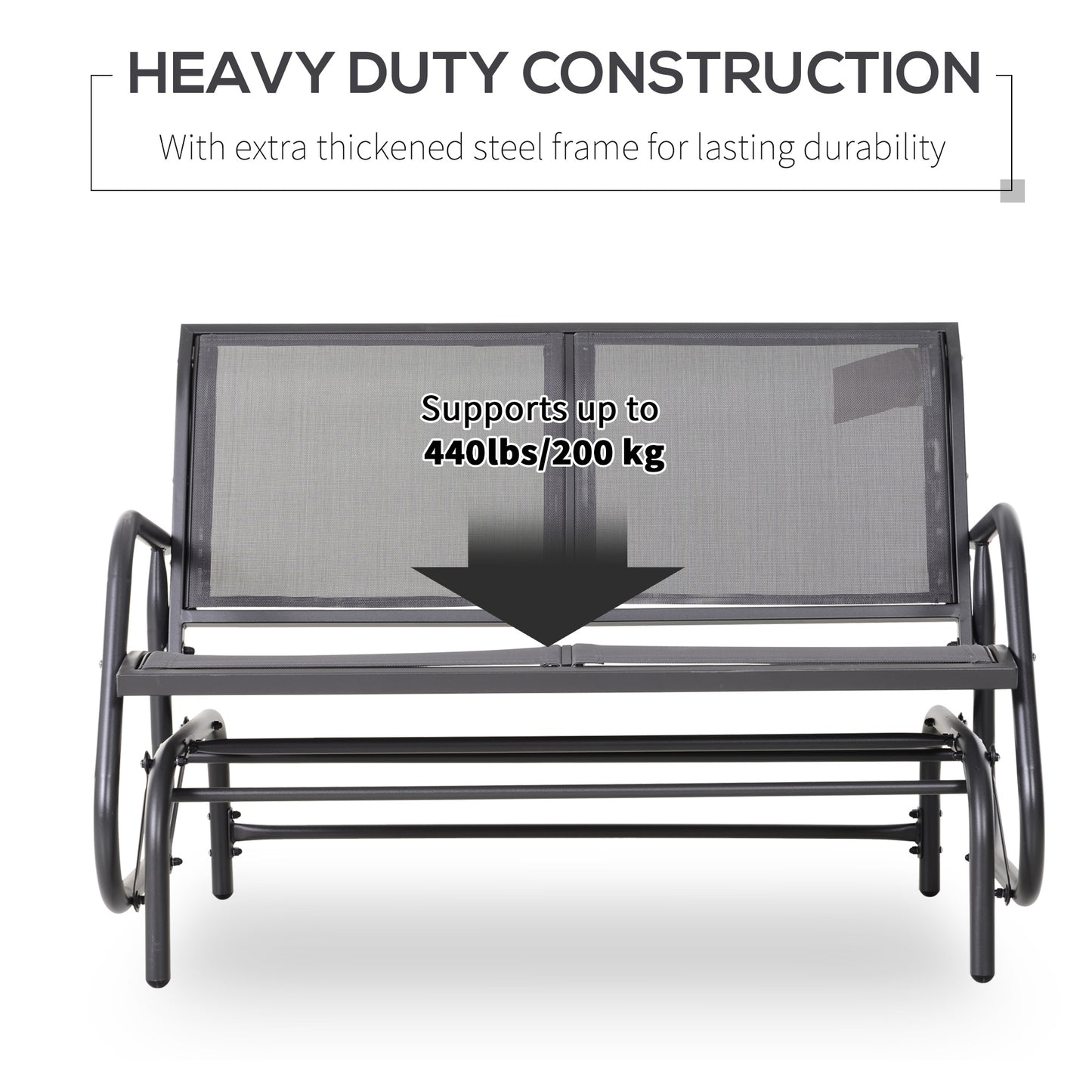 Dark grey metal outdoor glider bench with mesh seat and back supports lbs
