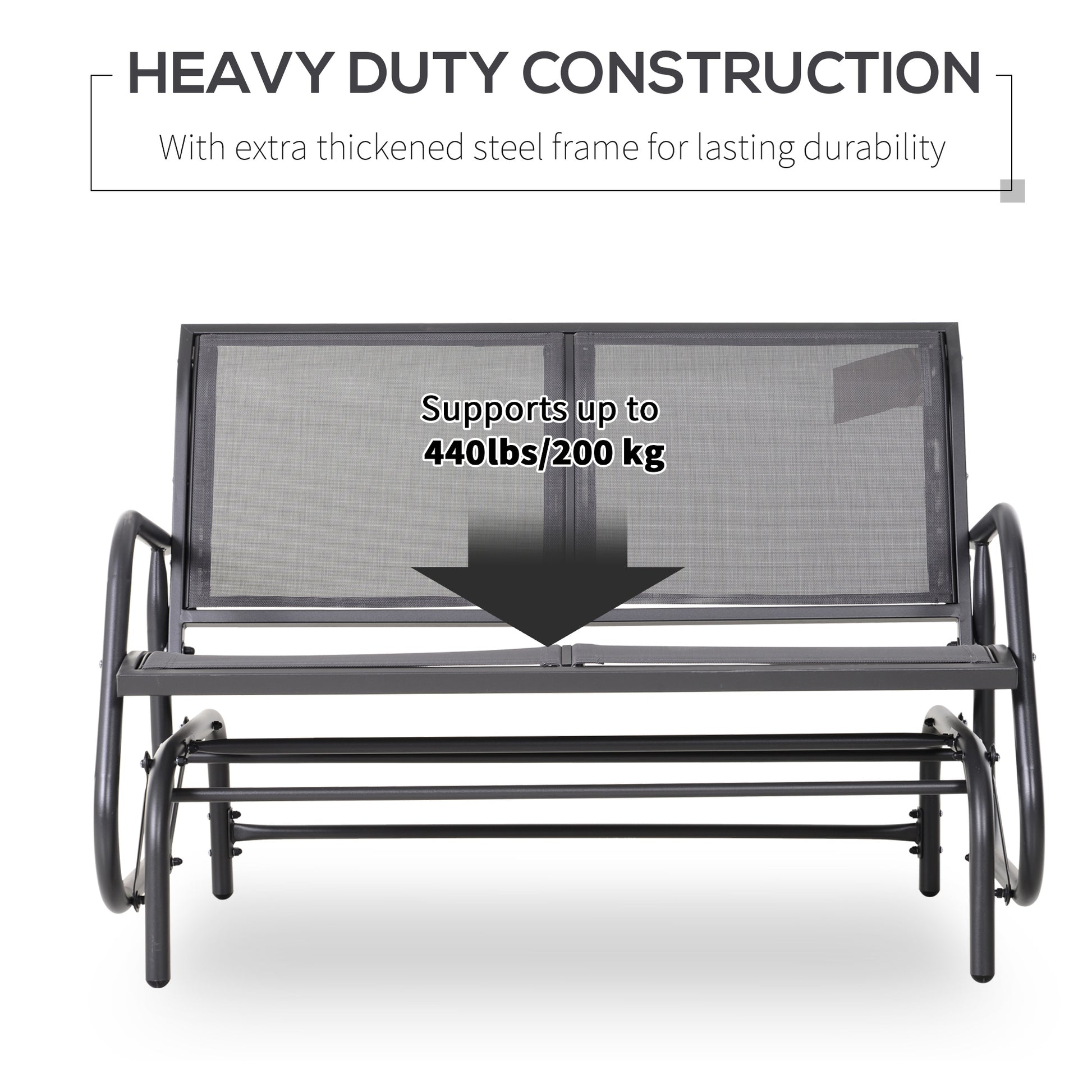 Dark grey metal outdoor glider bench with mesh seat and back supports lbs