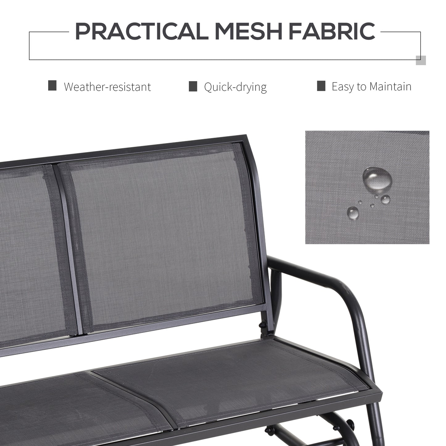 Closeup of black weatherresistant mesh fabric on an outdoor glider seat