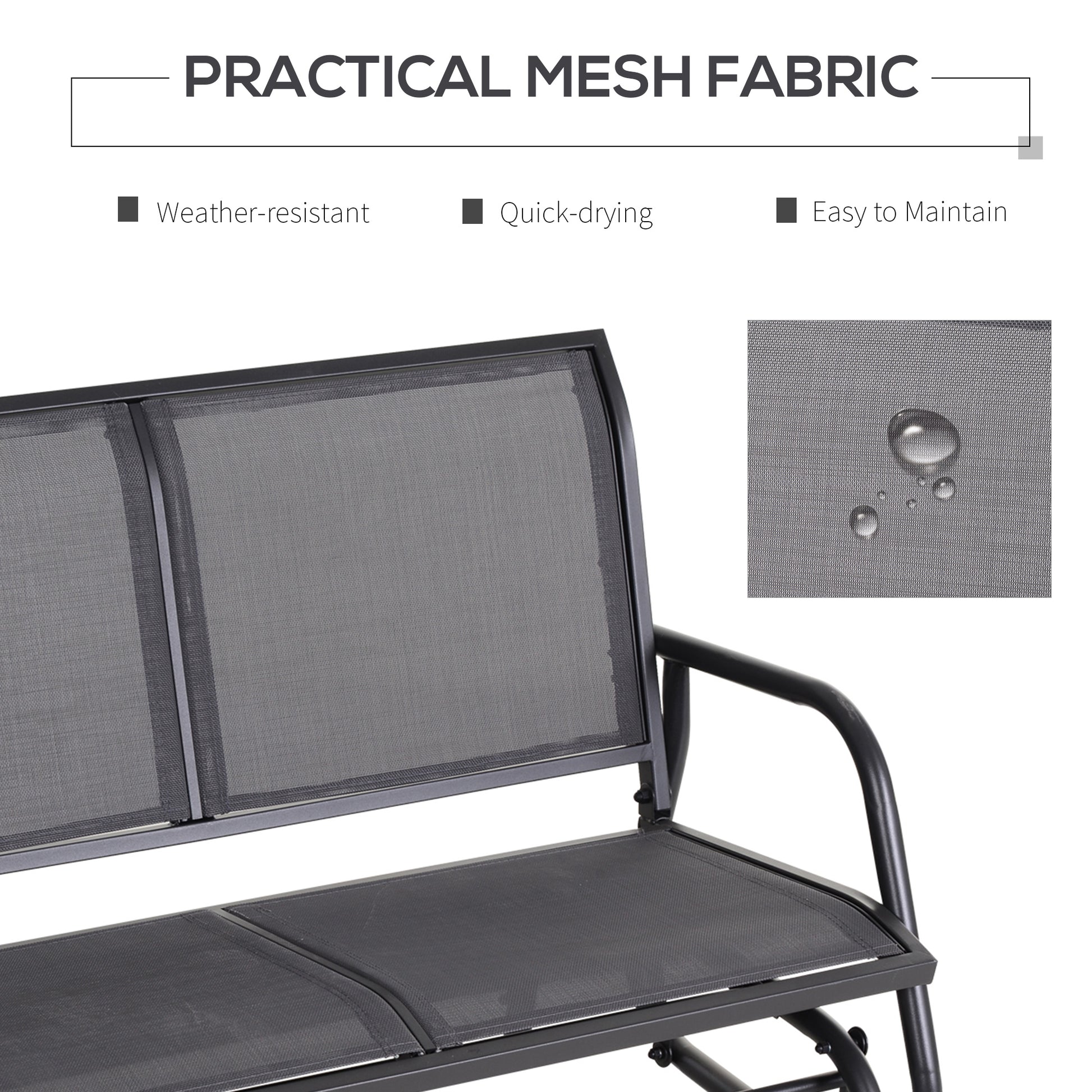 Closeup of black weatherresistant mesh fabric on an outdoor glider seat